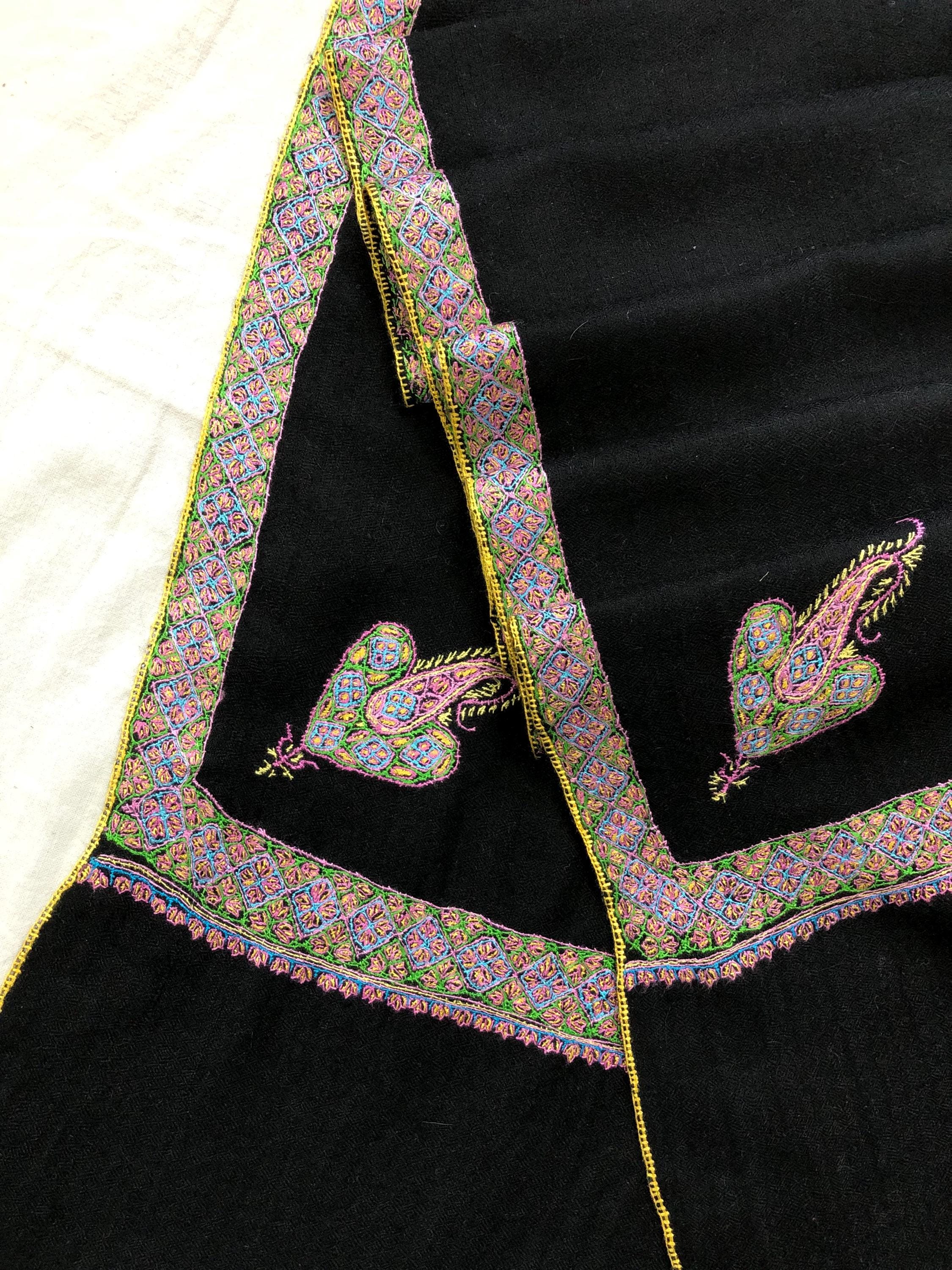 Jet Black Sozani Border Embroidered Hashidar Handmade Real Cashmere Pashmina Shawl - Mehraj Crafts 