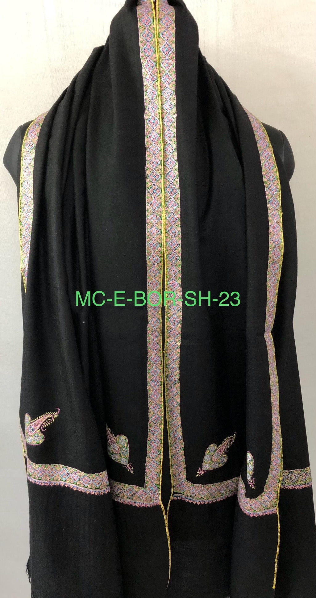 Jet Black Sozani Border Embroidered Hashidar Handmade Real Cashmere Pashmina Shawl - Mehraj Crafts 
