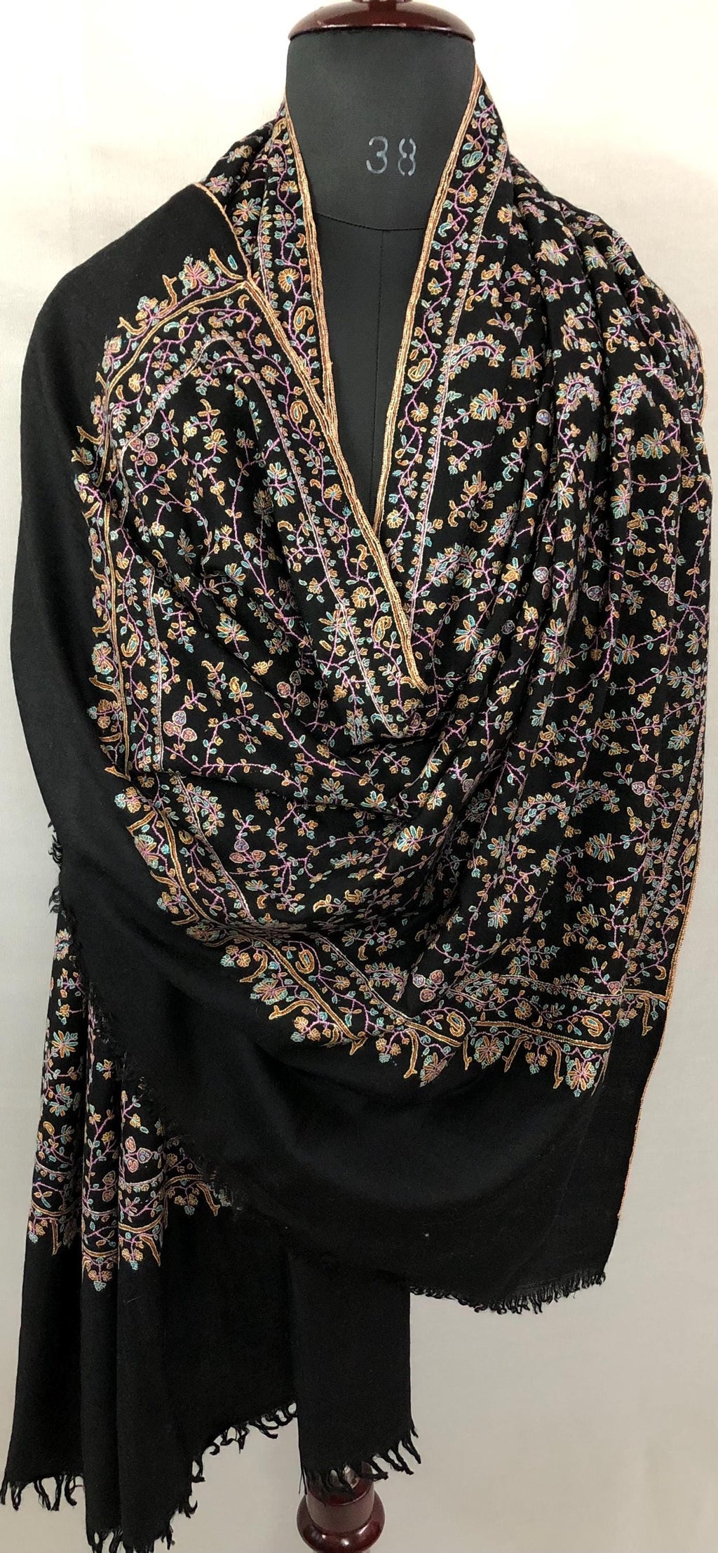 Luxury Black Jaaldar All-over design Super Micro Fine Embroidered Handcrafted Real Ladakhi Handmade Cashmere Pashmina Shawl - Mehraj Crafts 