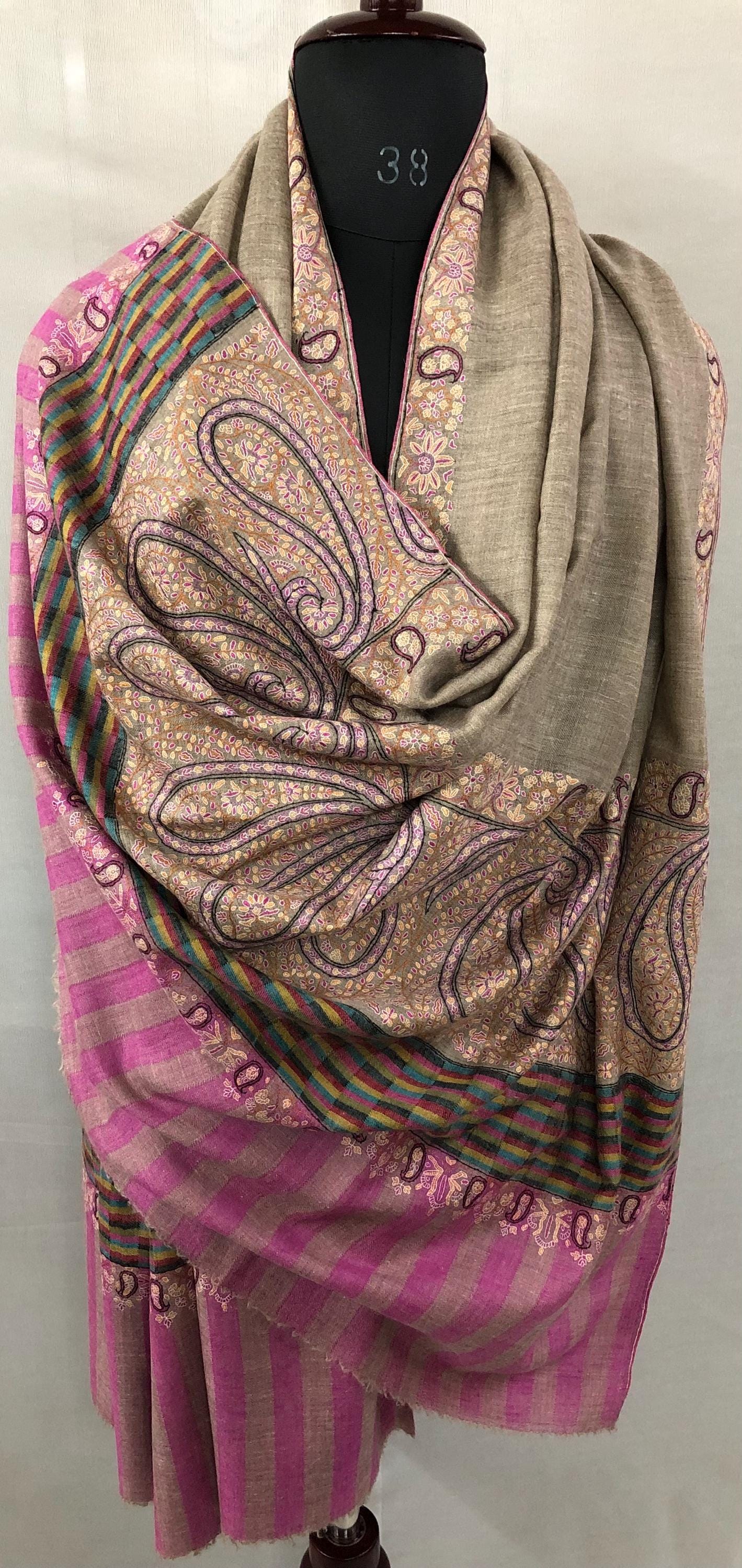 Royal Paisley End Superfine Embroidered Real Cashmere Pashmina Wrap Shawl - Mehraj Crafts 