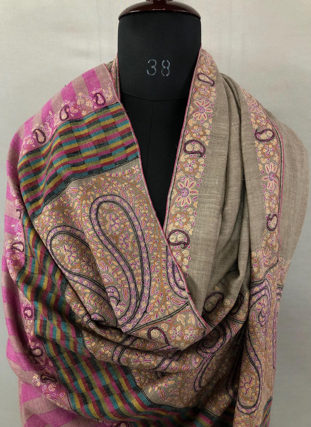 Royal Paisley End Superfine Embroidered Real Cashmere Pashmina Wrap Shawl - Mehraj Crafts 
