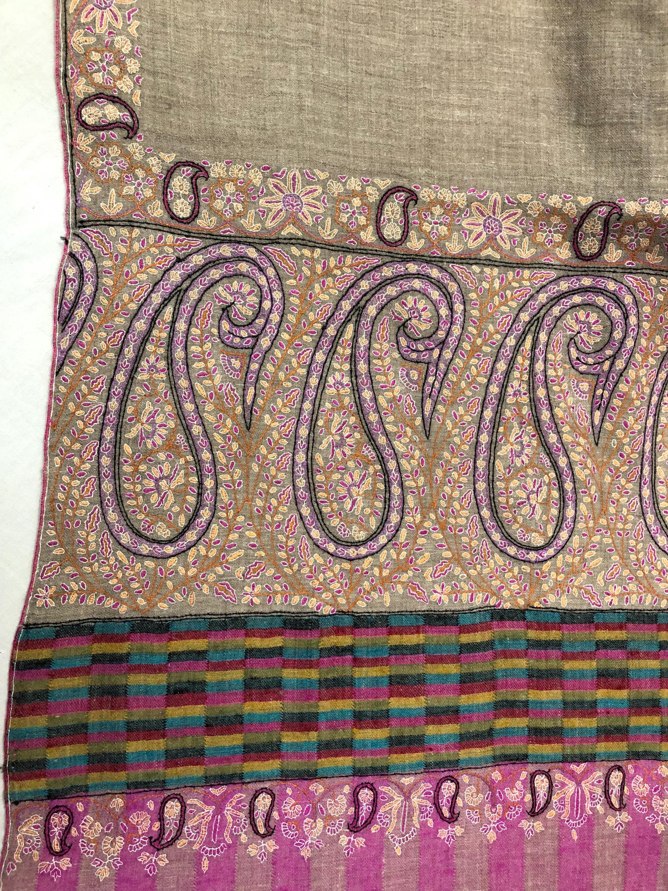 Royal Paisley End Superfine Embroidered Real Cashmere Pashmina Wrap Shawl - Mehraj Crafts 