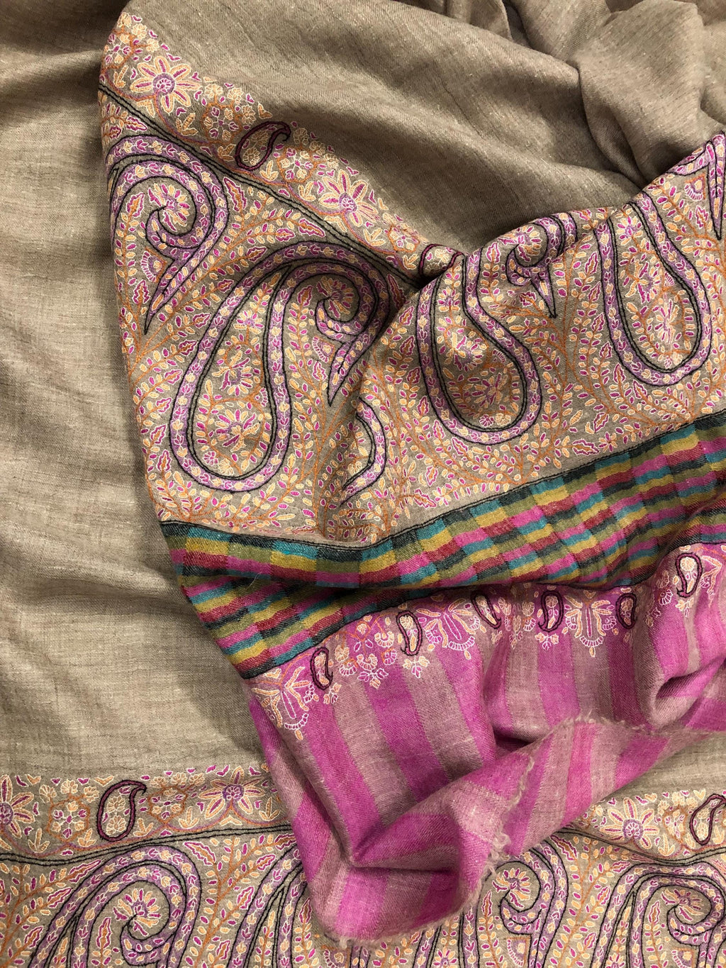 Royal Paisley End Superfine Embroidered Real Cashmere Pashmina Wrap Shawl - Mehraj Crafts 