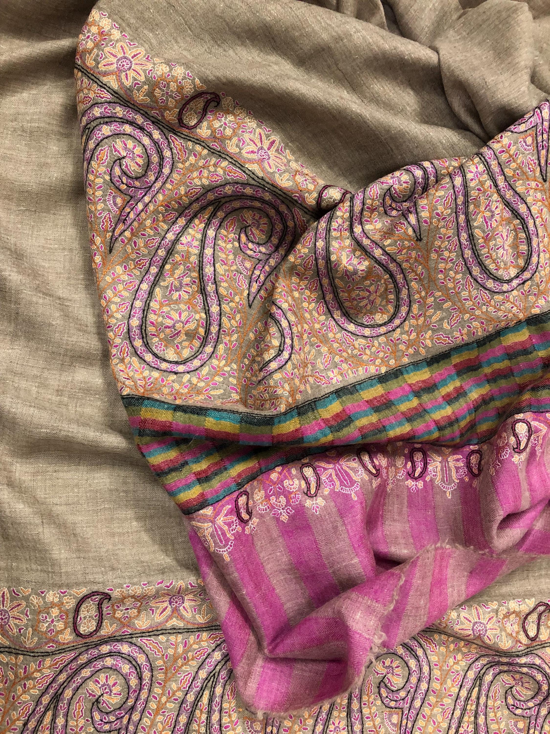 Royal Paisley End Superfine Embroidered Real Cashmere Pashmina Wrap Shawl - Mehraj Crafts 