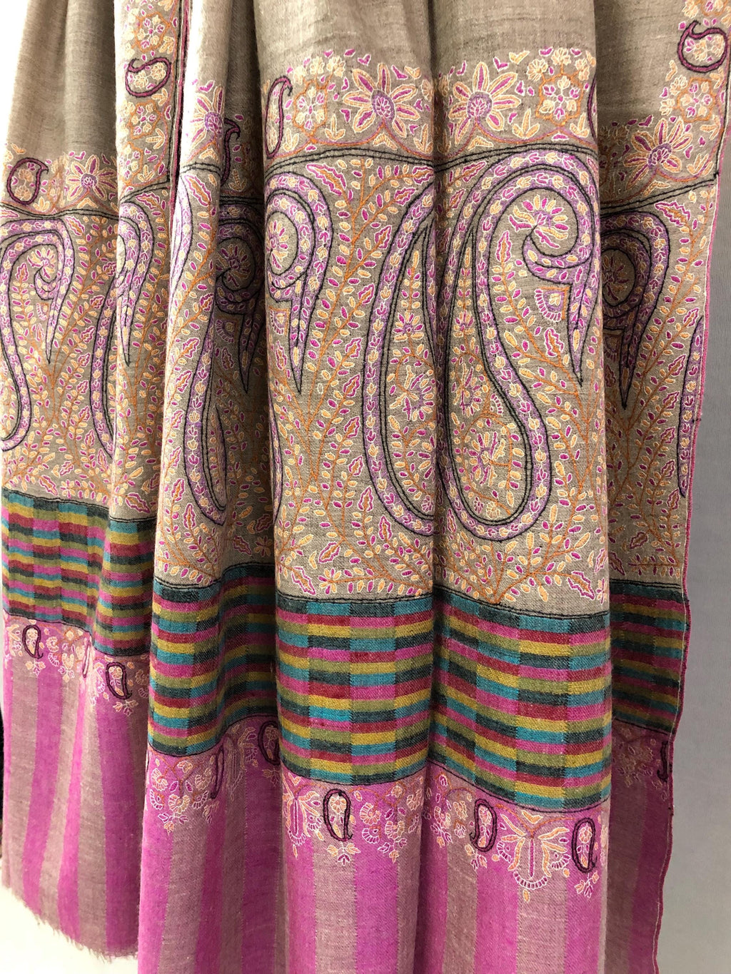 Royal Paisley End Superfine Embroidered Real Cashmere Pashmina Wrap Shawl - Mehraj Crafts 