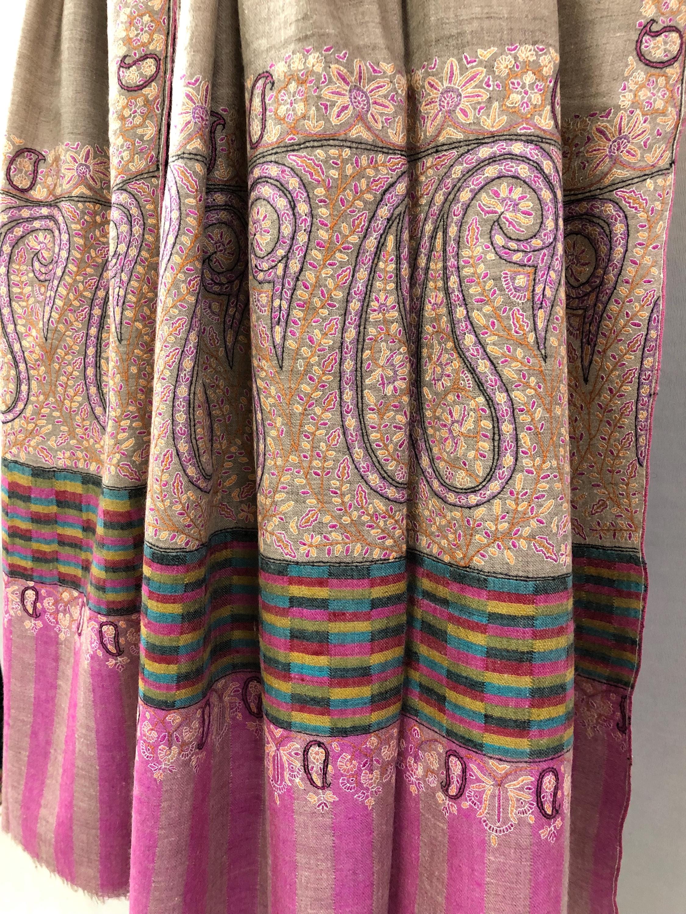 Royal Paisley End Superfine Embroidered Real Cashmere Pashmina Wrap Shawl - Mehraj Crafts 