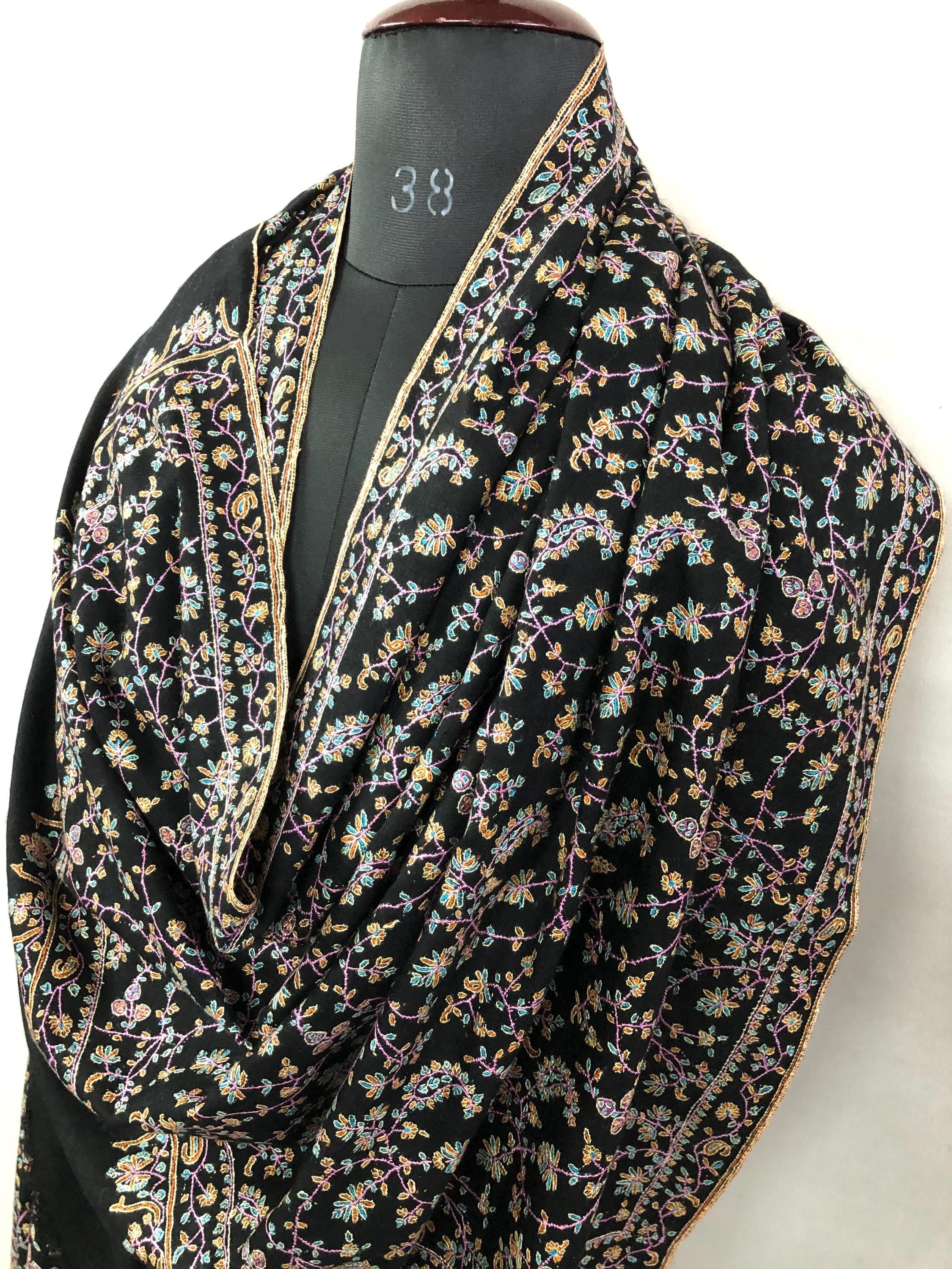 Luxury Black Jaaldar All-over design Super Micro Fine Embroidered Handcrafted Real Ladakhi Handmade Cashmere Pashmina Shawl - Mehraj Crafts 