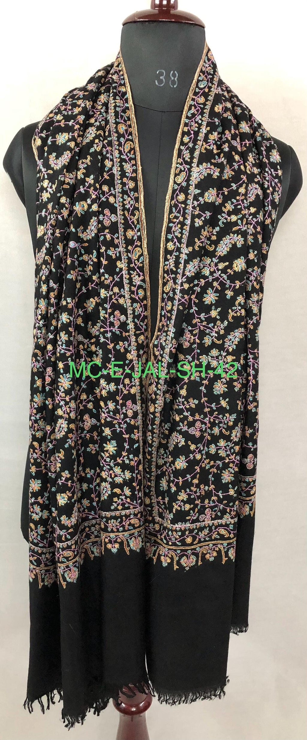 Luxury Black Jaaldar All-over design Super Micro Fine Embroidered Handcrafted Real Ladakhi Handmade Cashmere Pashmina Shawl - Mehraj Crafts 