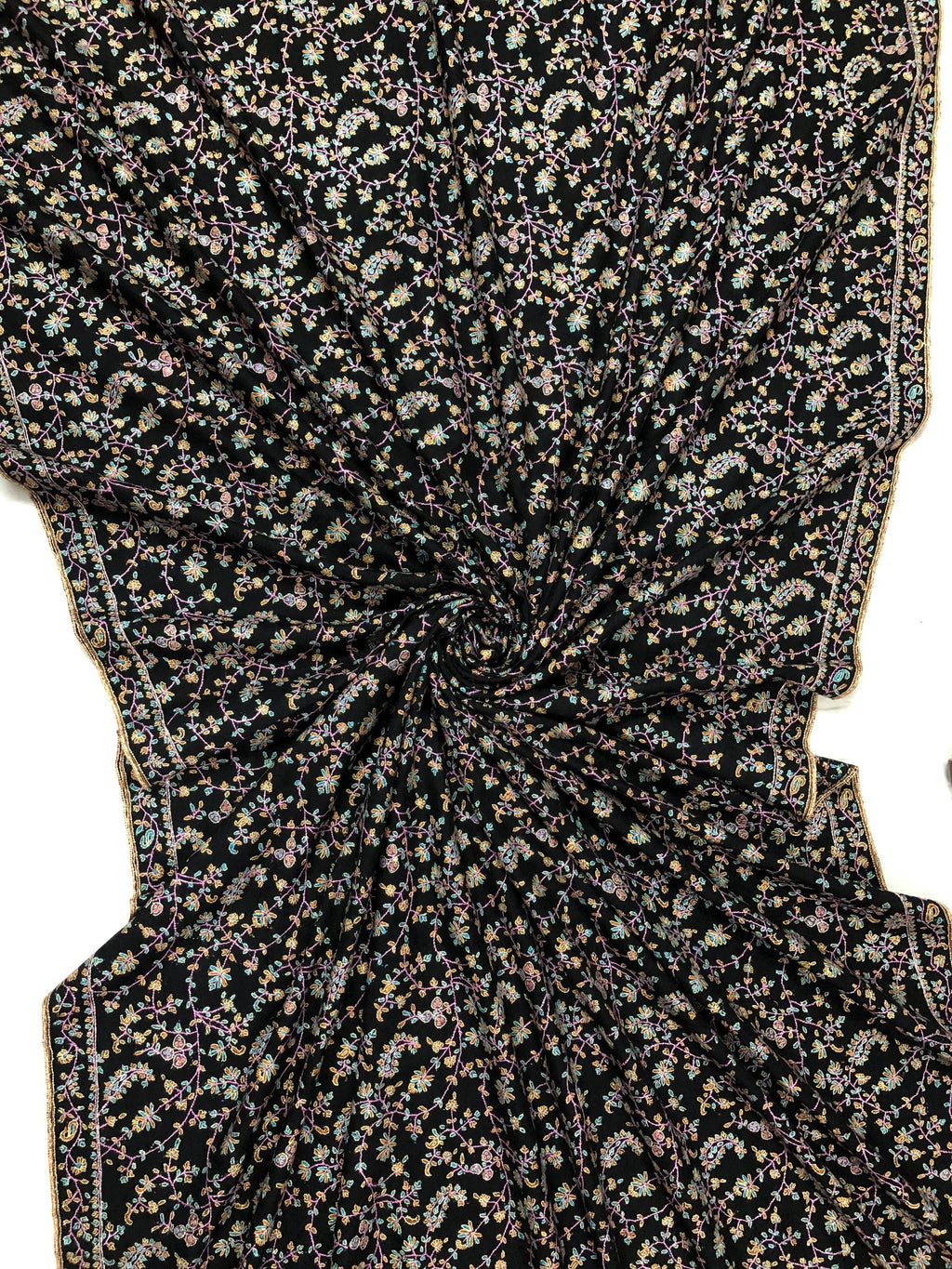 Luxury Black Jaaldar All-over design Super Micro Fine Embroidered Handcrafted Real Ladakhi Handmade Cashmere Pashmina Shawl - Mehraj Crafts 