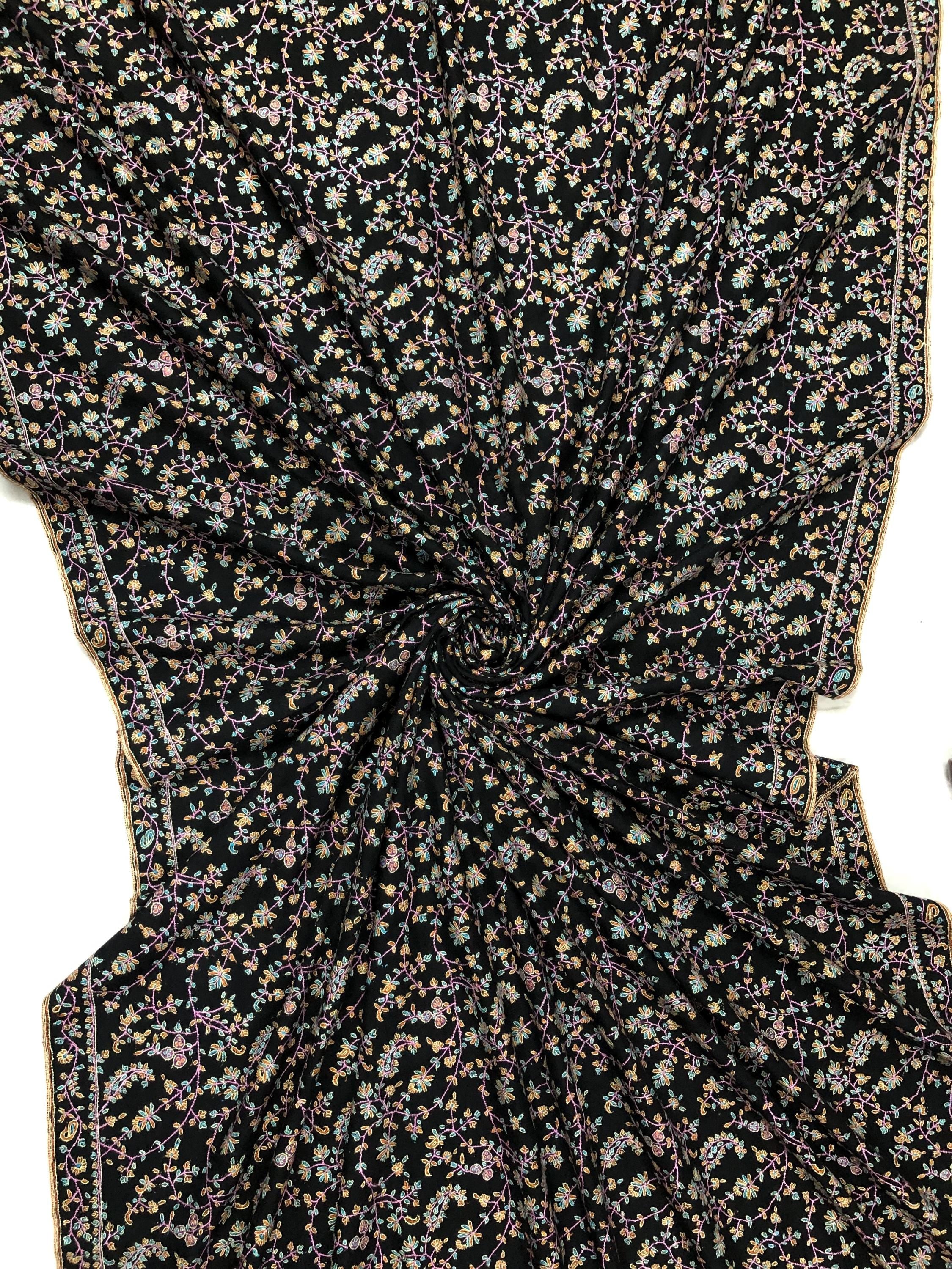 Luxury Black Jaaldar All-over design Super Micro Fine Embroidered Handcrafted Real Ladakhi Handmade Cashmere Pashmina Shawl - Mehraj Crafts 