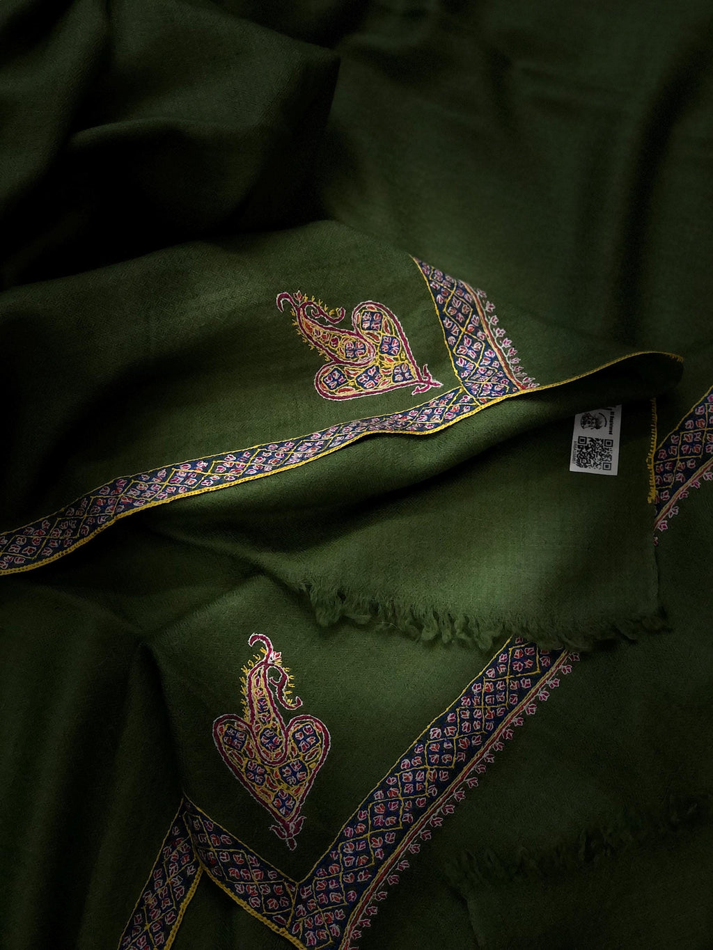 Cedar Green GI Sozani Certified Super Fine Hand Embroidered Border Handwoven Real Cashmere Pashmina Shawl - Mehraj Crafts 
