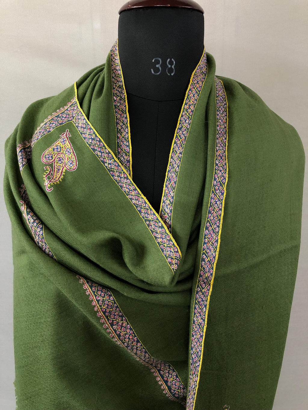 Cedar Green GI Sozani Certified Super Fine Hand Embroidered Border Handwoven Real Cashmere Pashmina Shawl - Mehraj Crafts 