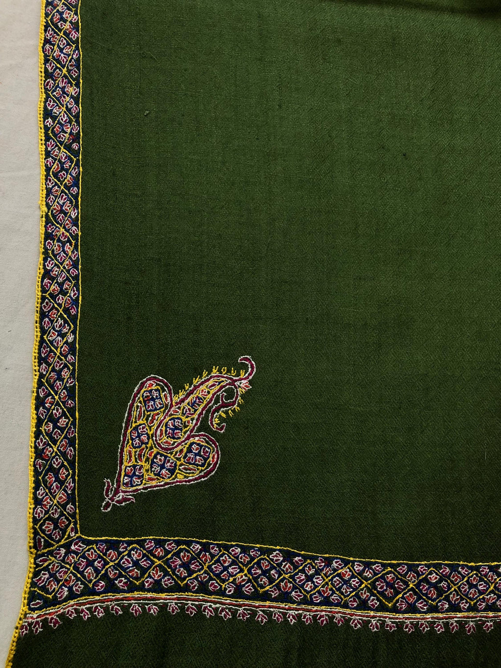 Cedar Green GI Sozani Certified Super Fine Hand Embroidered Border Handwoven Real Cashmere Pashmina Shawl - Mehraj Crafts 