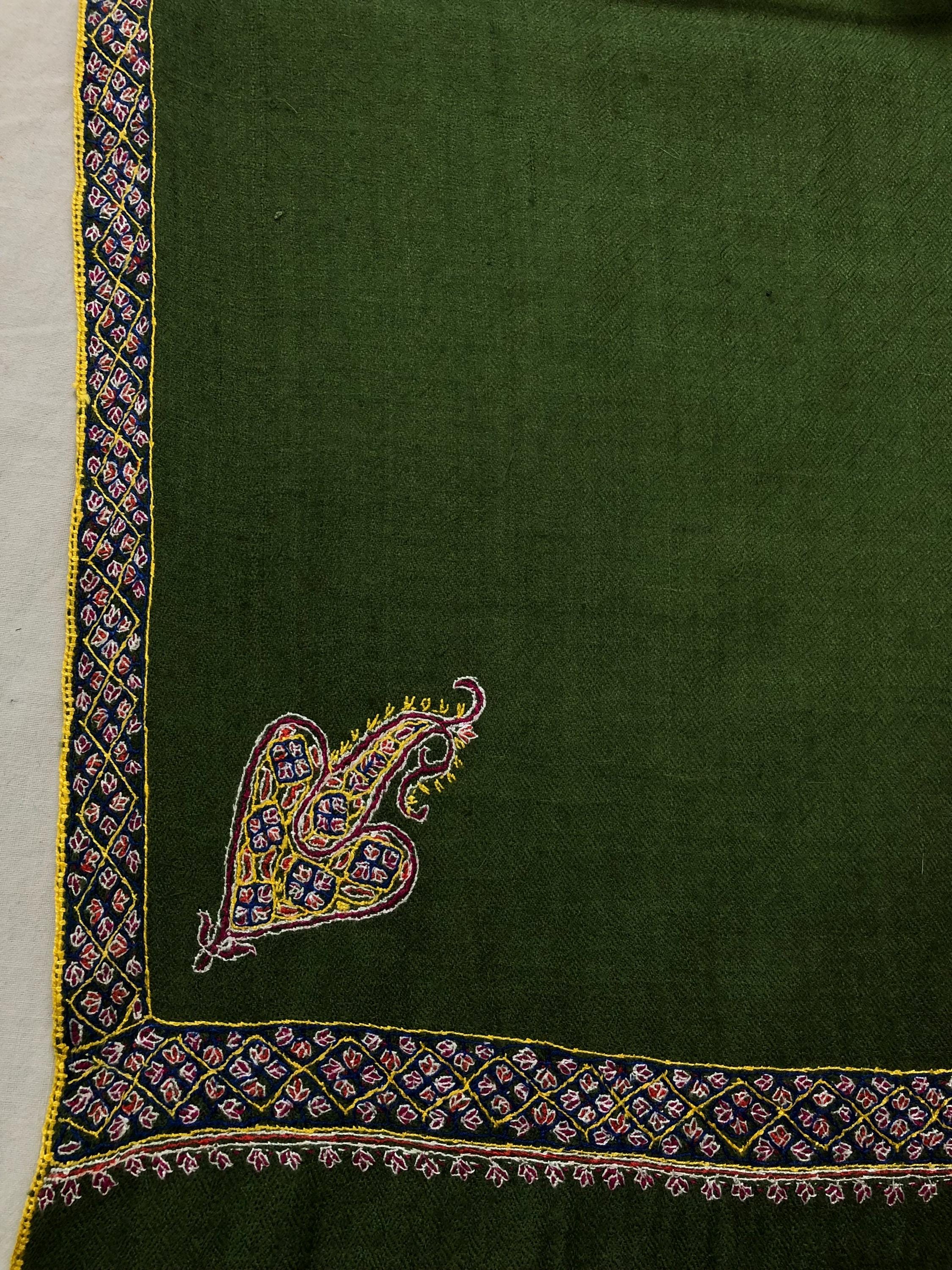 Cedar Green GI Sozani Certified Super Fine Hand Embroidered Border Handwoven Real Cashmere Pashmina Shawl - Mehraj Crafts 