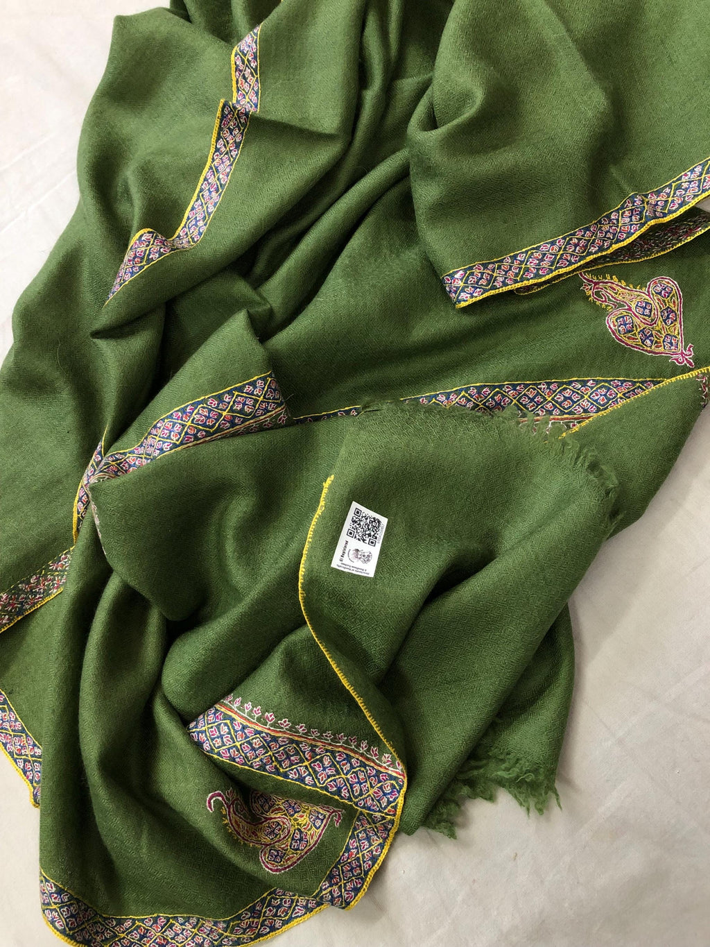 Cedar Green GI Sozani Certified Super Fine Hand Embroidered Border Handwoven Real Cashmere Pashmina Shawl - Mehraj Crafts 