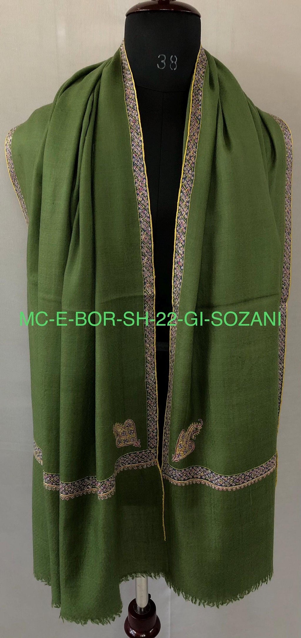 Cedar Green GI Sozani Certified Super Fine Hand Embroidered Border Handwoven Real Cashmere Pashmina Shawl - Mehraj Crafts 