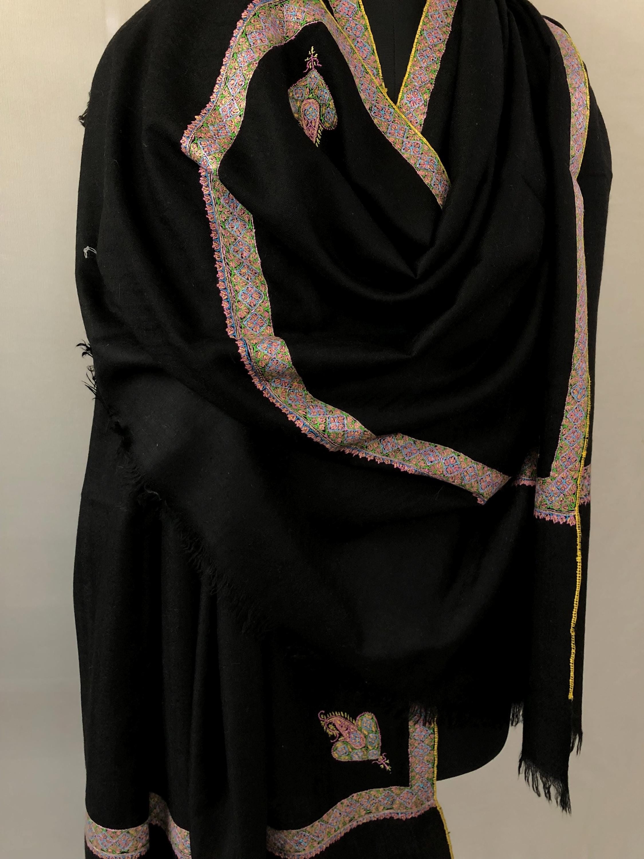 Jet Black Sozani Border Embroidered Hashidar Handmade Real Cashmere Pashmina Shawl - Mehraj Crafts 
