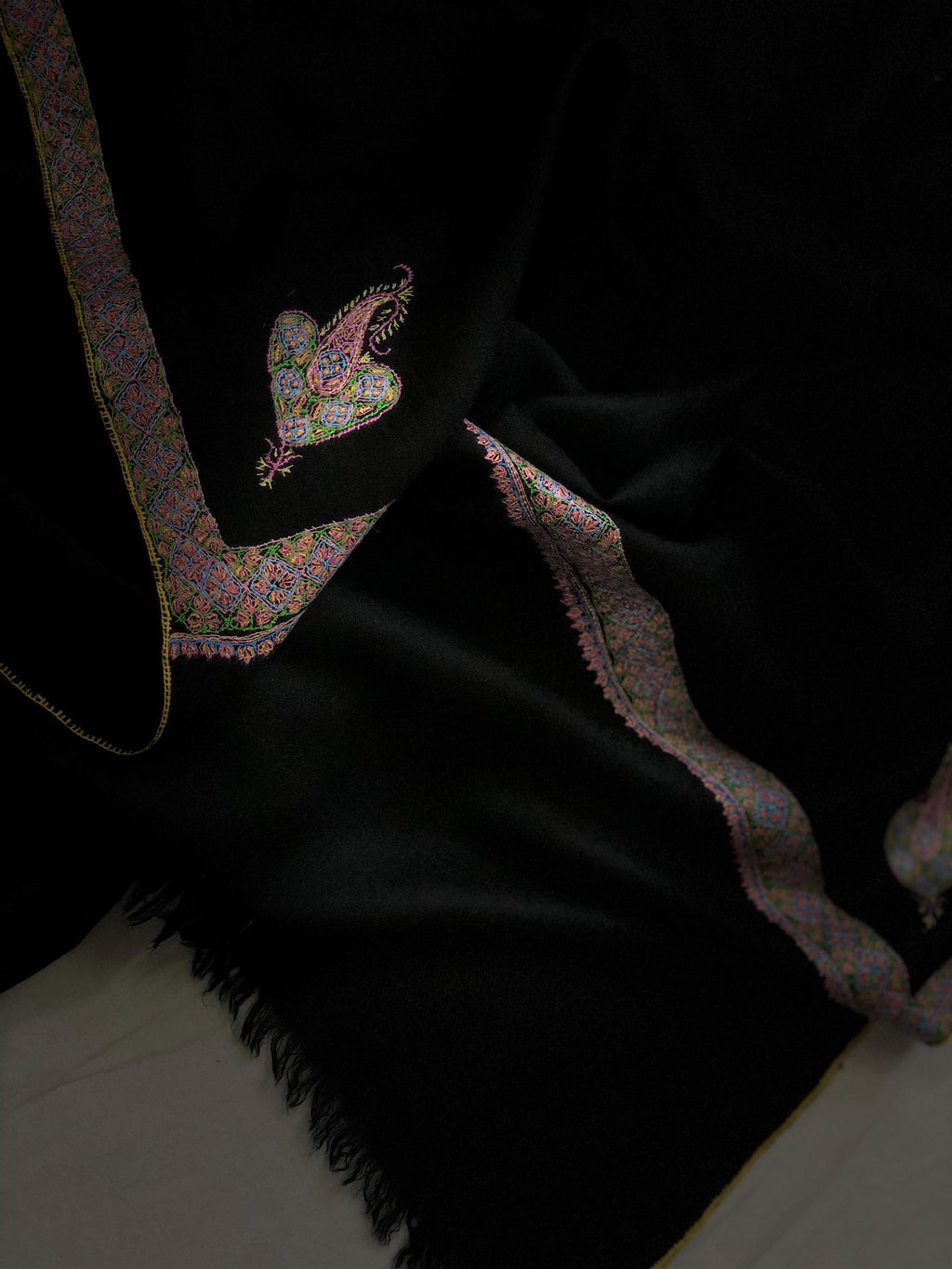Jet Black Sozani Border Embroidered Hashidar Handmade Real Cashmere Pashmina Shawl - Mehraj Crafts 