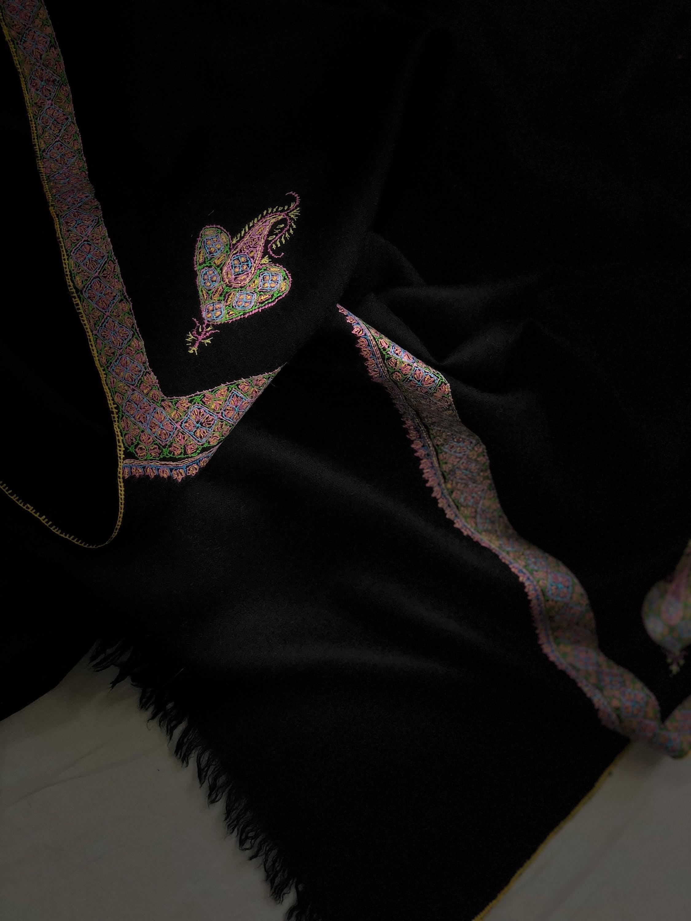 Jet Black Sozani Border Embroidered Hashidar Handmade Real Cashmere Pashmina Shawl - Mehraj Crafts 