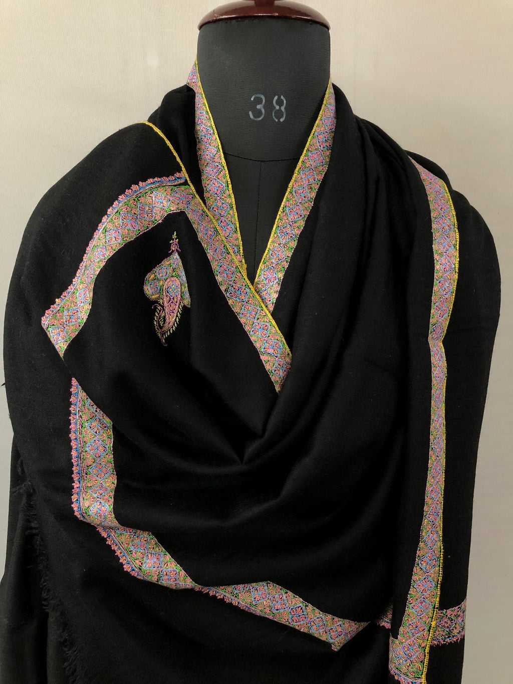 Jet Black Sozani Border Embroidered Hashidar Handmade Real Cashmere Pashmina Shawl - Mehraj Crafts 