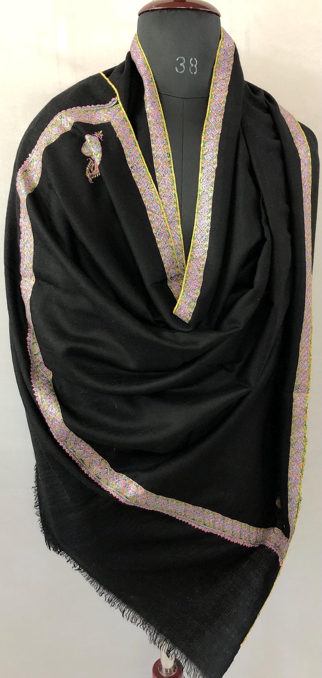 Jet Black Sozani Border Embroidered Hashidar Handmade Real Cashmere Pashmina Shawl - Mehraj Crafts 