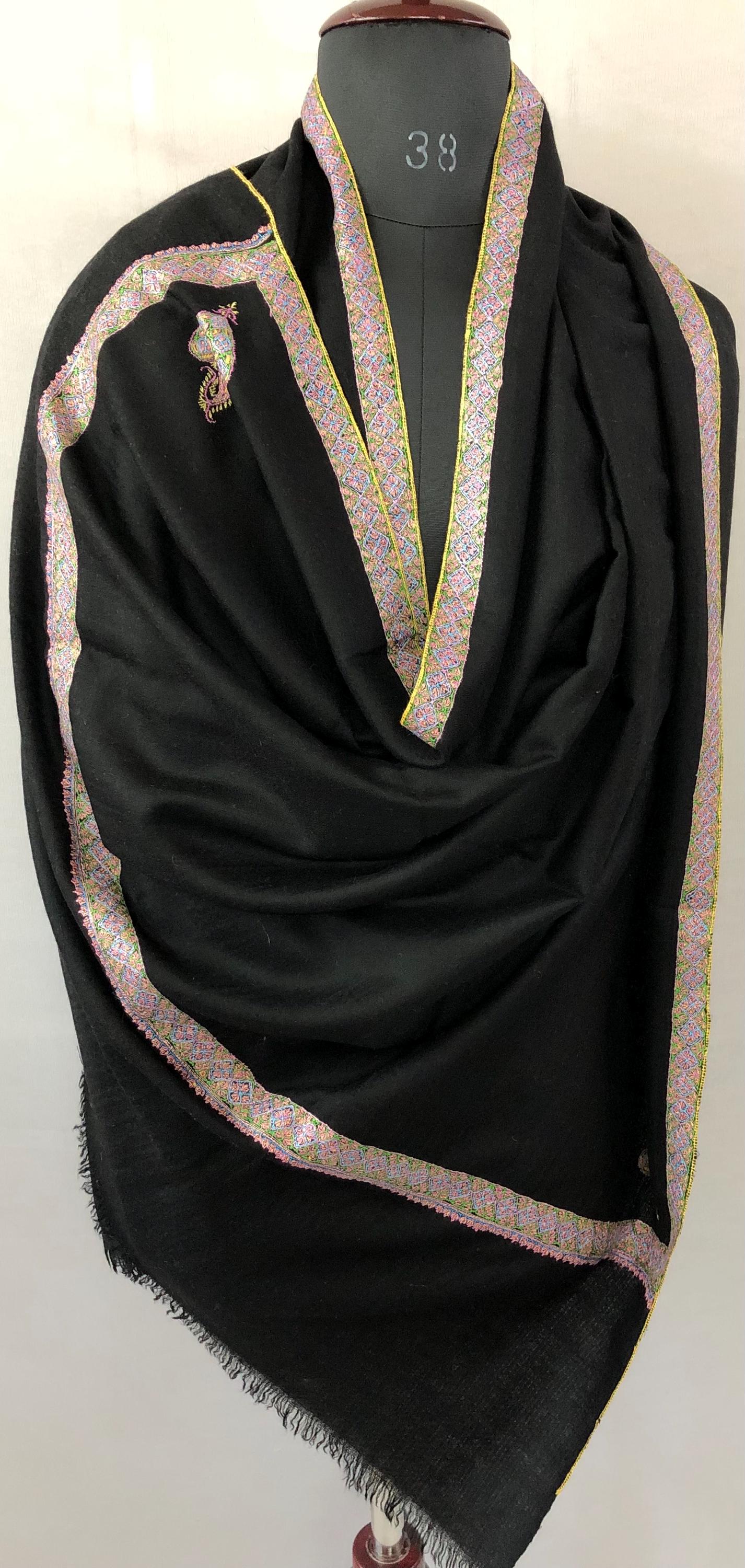 Jet Black Sozani Border Embroidered Hashidar Handmade Real Cashmere Pashmina Shawl - Mehraj Crafts 