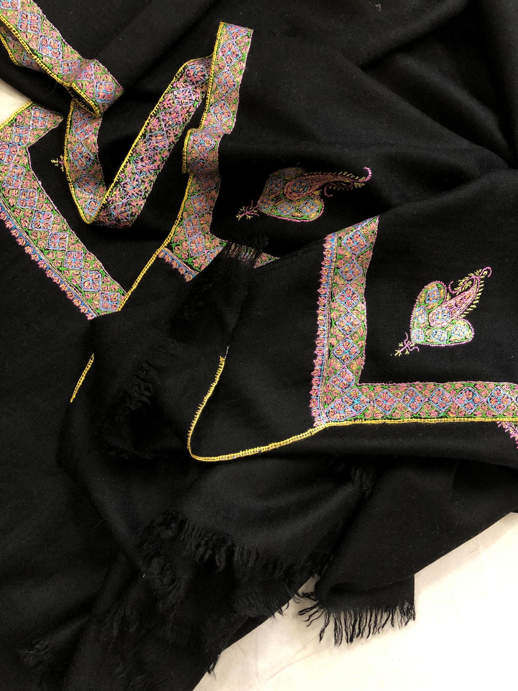 Jet Black Sozani Border Embroidered Hashidar Handmade Real Cashmere Pashmina Shawl - Mehraj Crafts 