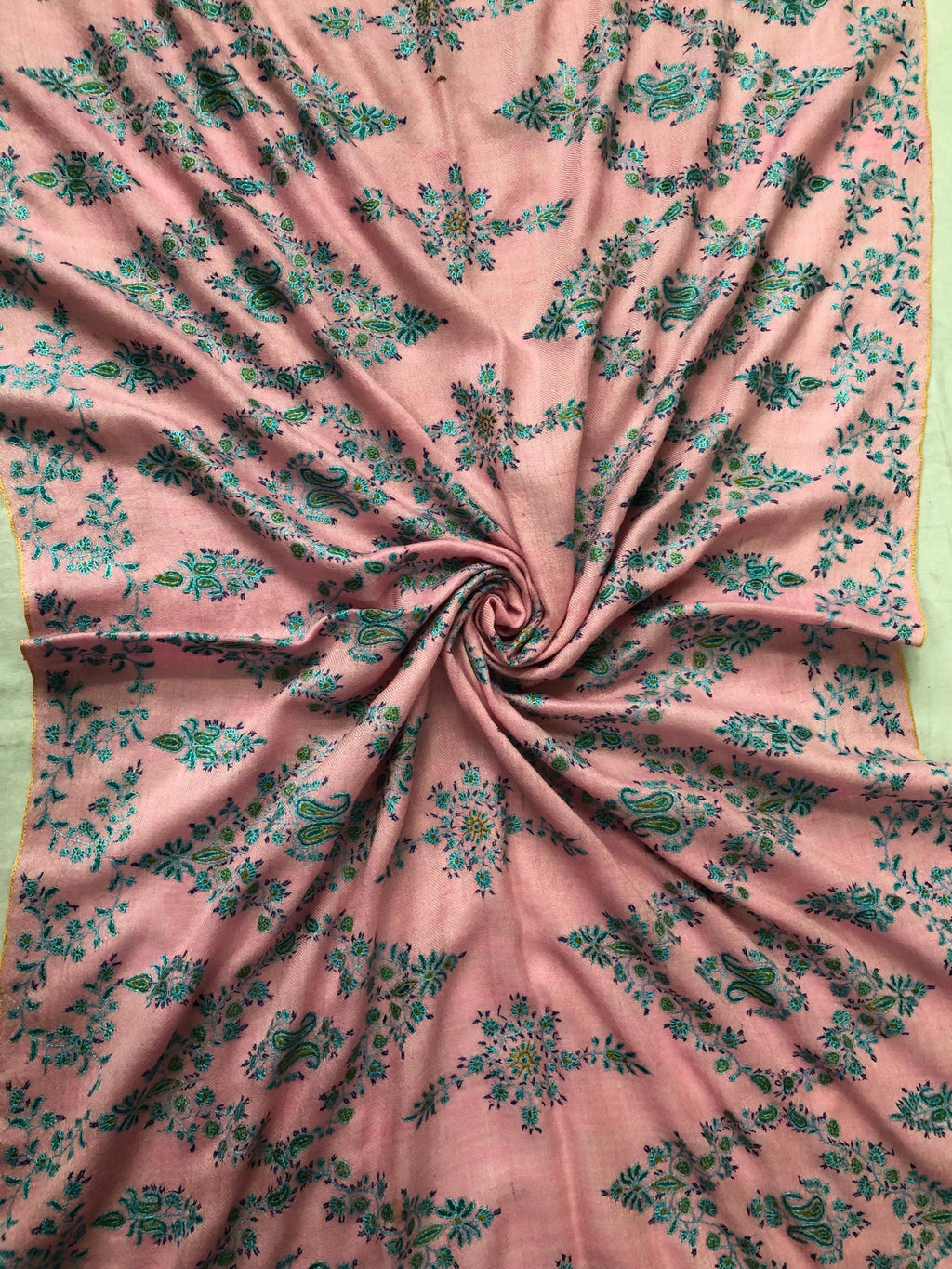 Orchid pink with blue and green micro fine embroidery modern design luxury  real cashmere pashmina stole shawl - Mehraj Crafts 