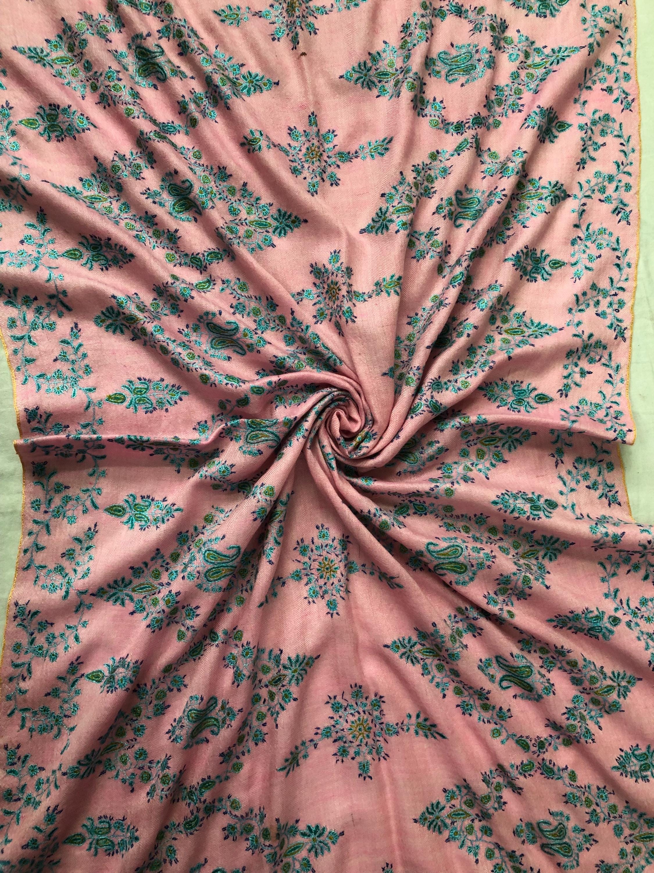 Orchid pink with blue and green micro fine embroidery modern design luxury  real cashmere pashmina stole shawl - Mehraj Crafts 
