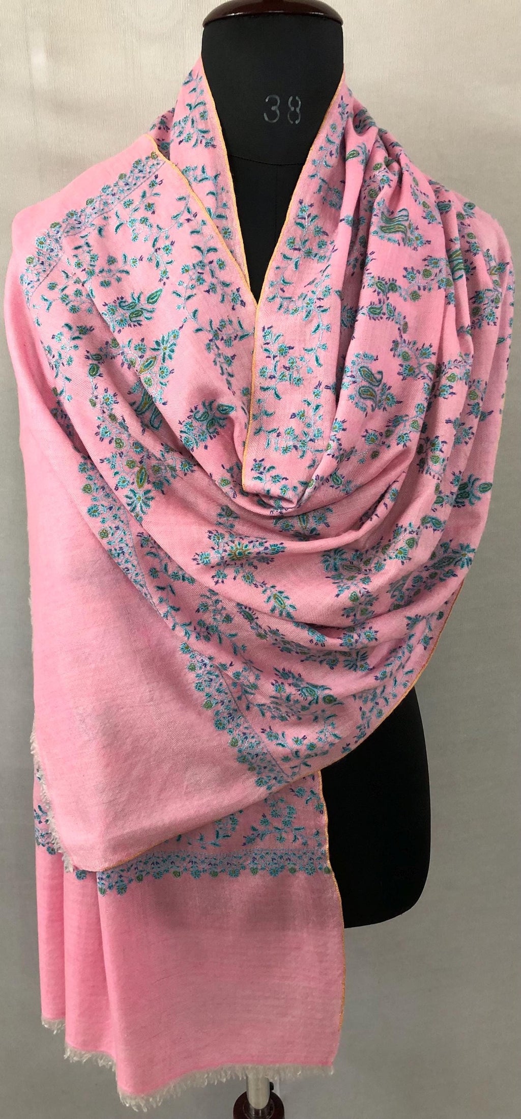 Orchid pink with blue and green micro fine embroidery modern design luxury  real cashmere pashmina stole shawl - Mehraj Crafts 