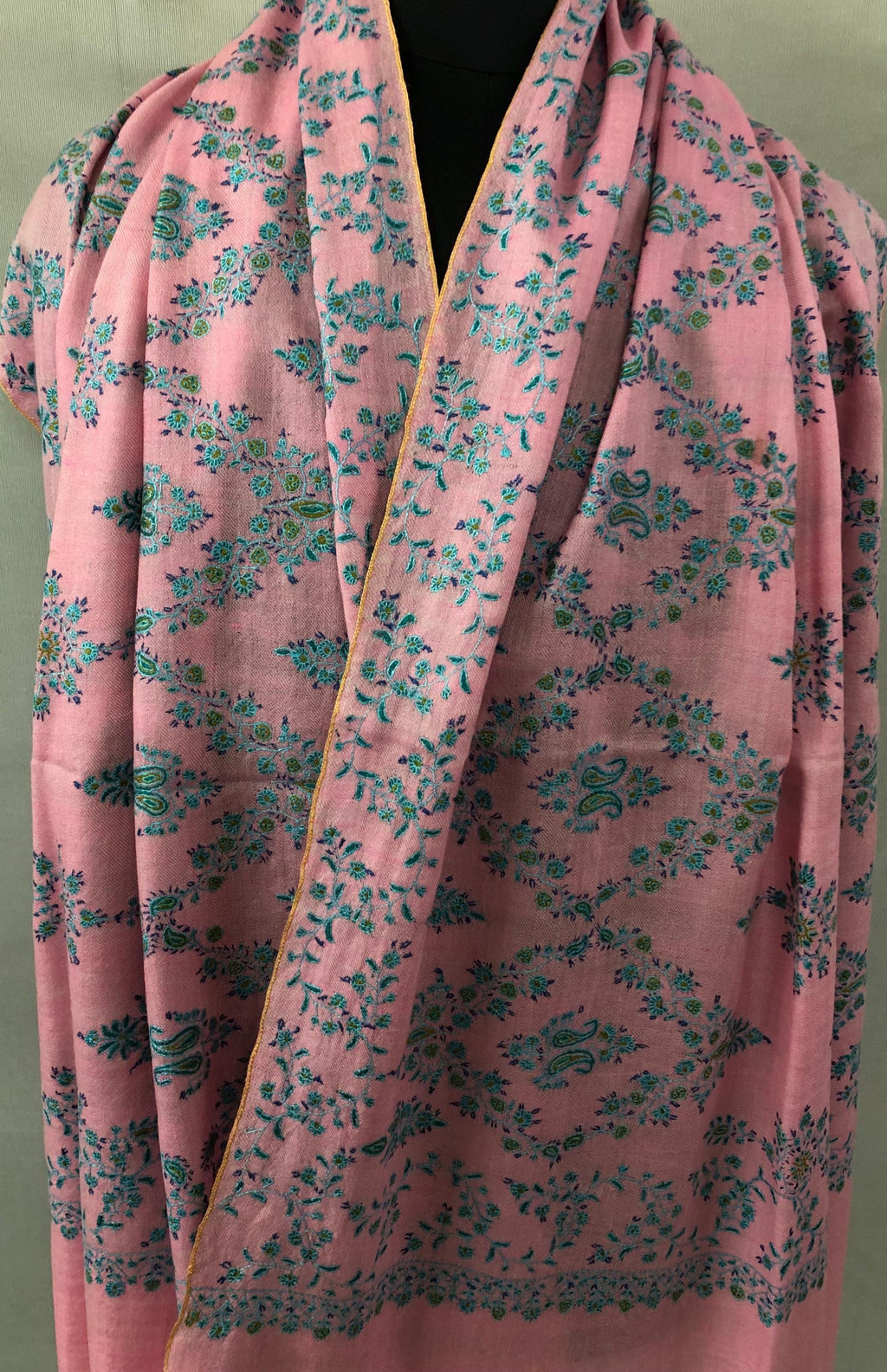 Orchid pink with blue and green micro fine embroidery modern design luxury  real cashmere pashmina stole shawl - Mehraj Crafts 