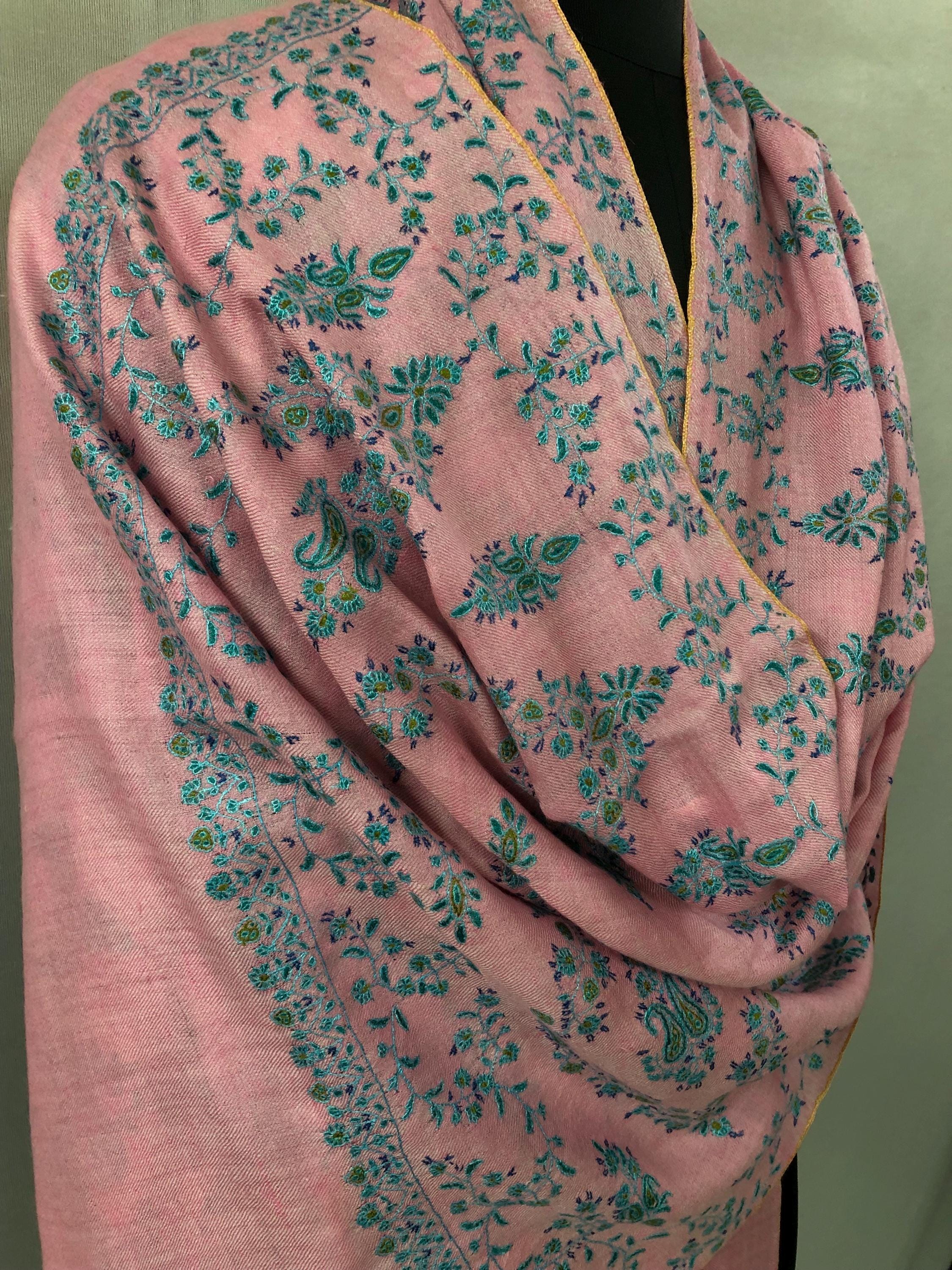 Orchid pink with blue and green micro fine embroidery modern design luxury  real cashmere pashmina stole shawl - Mehraj Crafts 