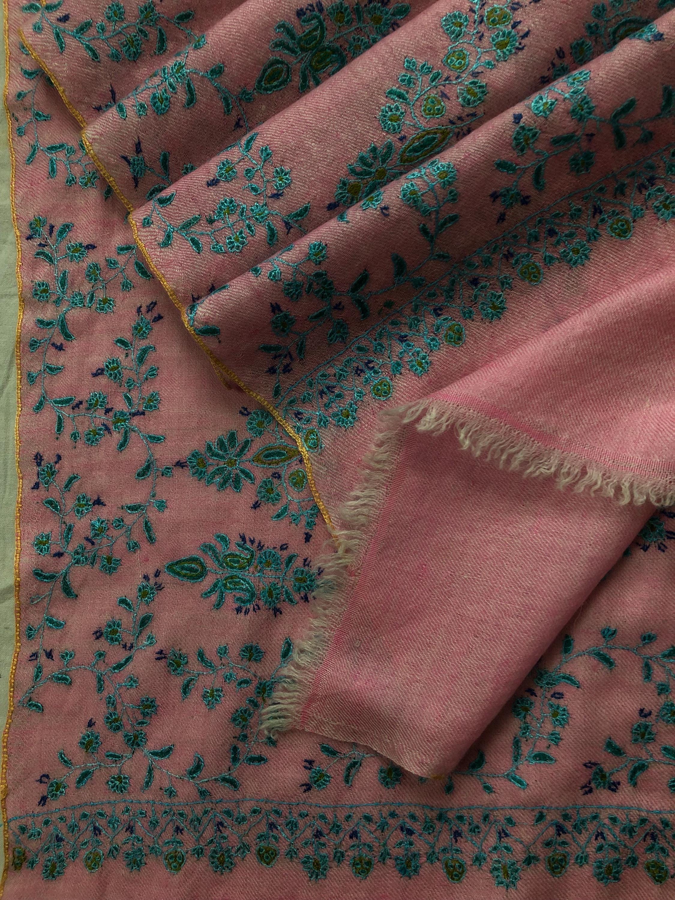Orchid pink with blue and green micro fine embroidery modern design luxury  real cashmere pashmina stole shawl - Mehraj Crafts 