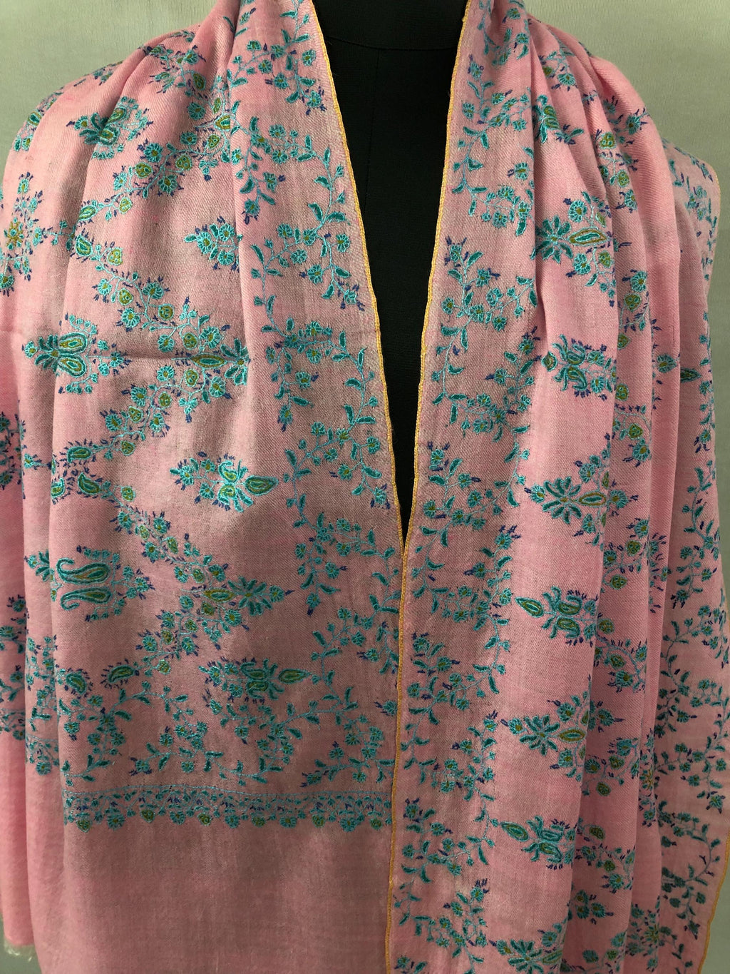 Orchid pink with blue and green micro fine embroidery modern design luxury  real cashmere pashmina stole shawl - Mehraj Crafts 