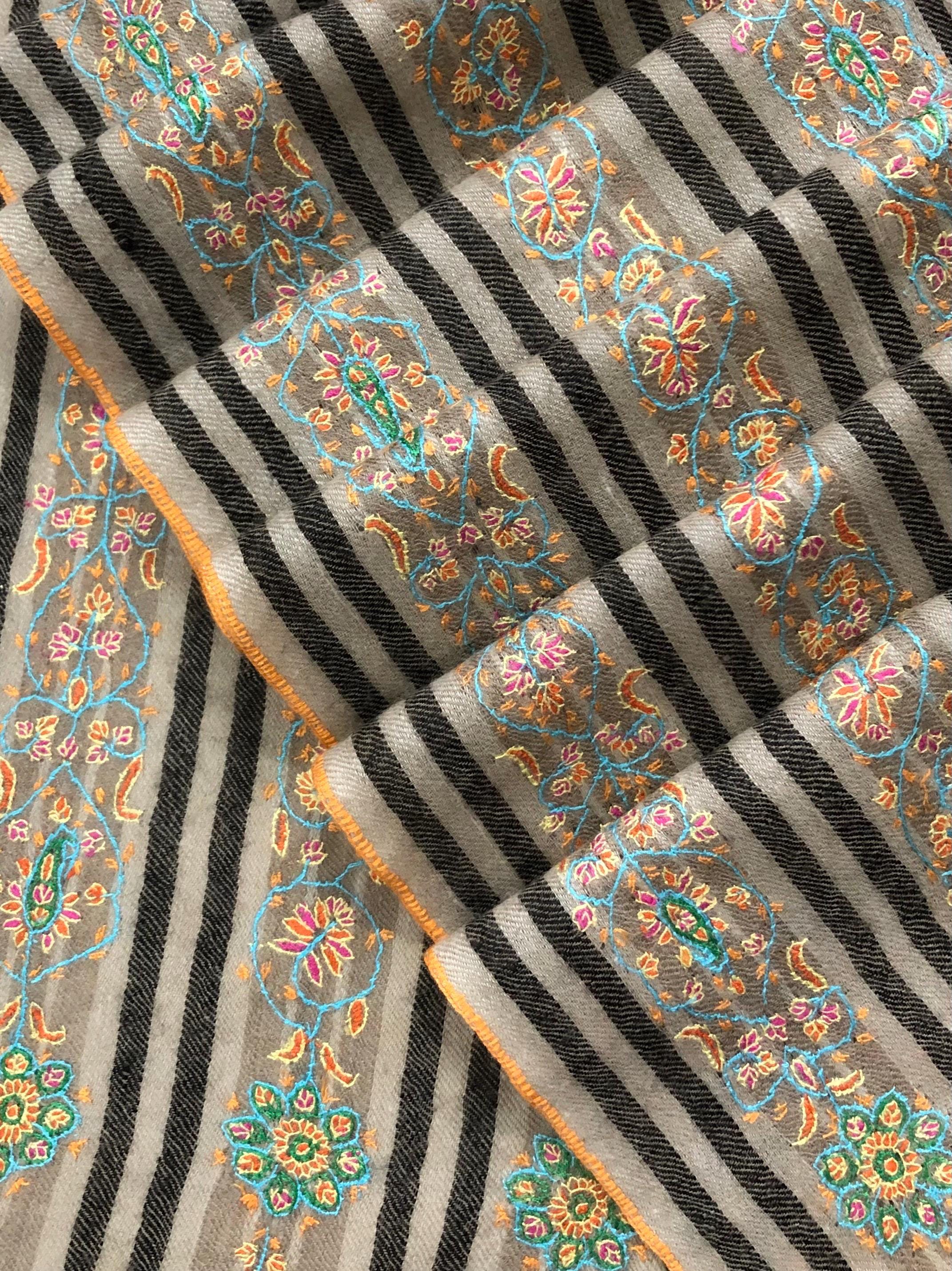 Natural grey and black stripes luxury modern design sozni fine hand embroidered unique design real cashmere pashmina stole shawl - Mehraj Crafts 