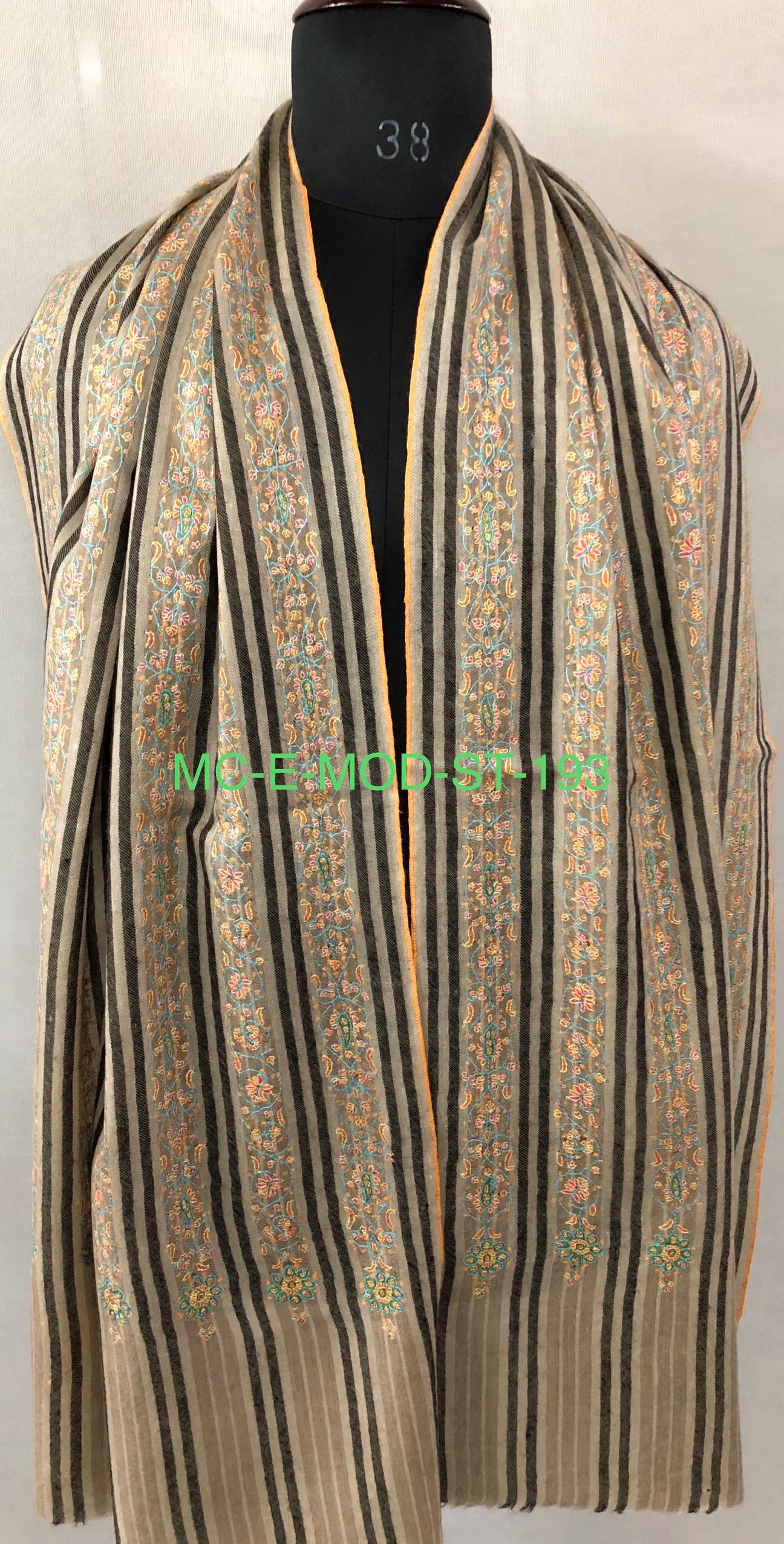 Natural grey and black stripes luxury modern design sozni fine hand embroidered unique design real cashmere pashmina stole shawl - Mehraj Crafts 