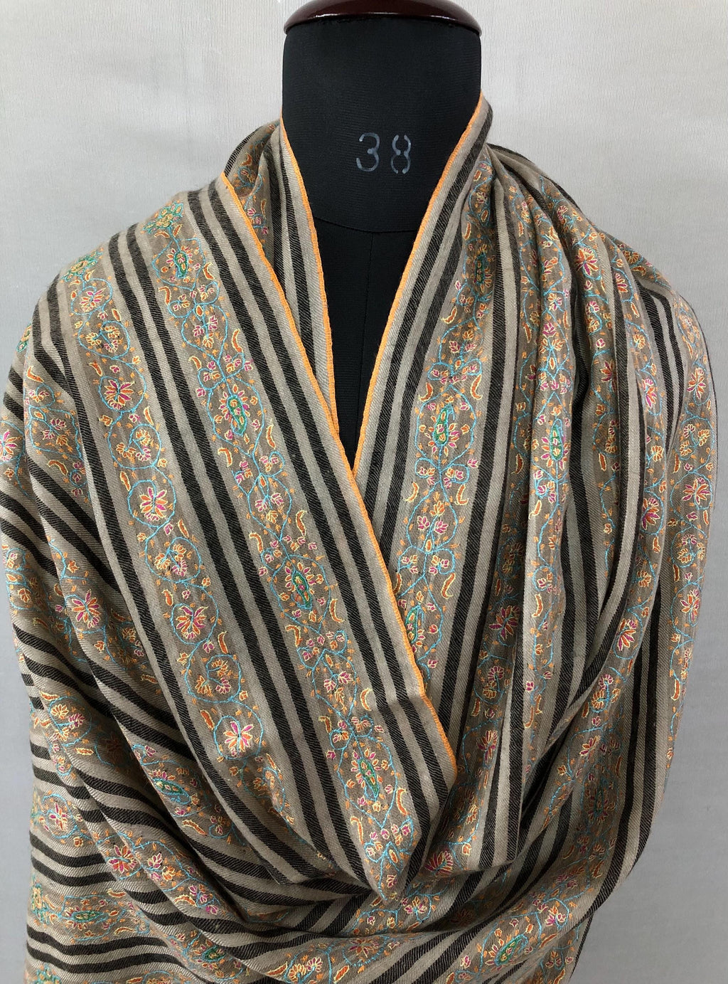 Natural grey and black stripes luxury modern design sozni fine hand embroidered unique design real cashmere pashmina stole shawl - Mehraj Crafts 