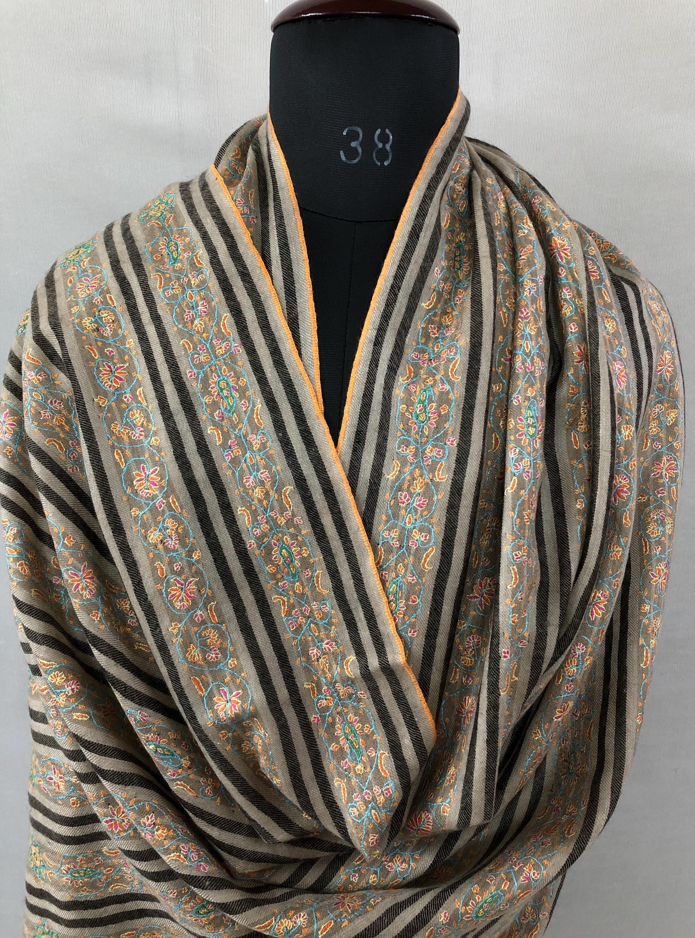 Natural grey and black stripes luxury modern design sozni fine hand embroidered unique design real cashmere pashmina stole shawl - Mehraj Crafts 