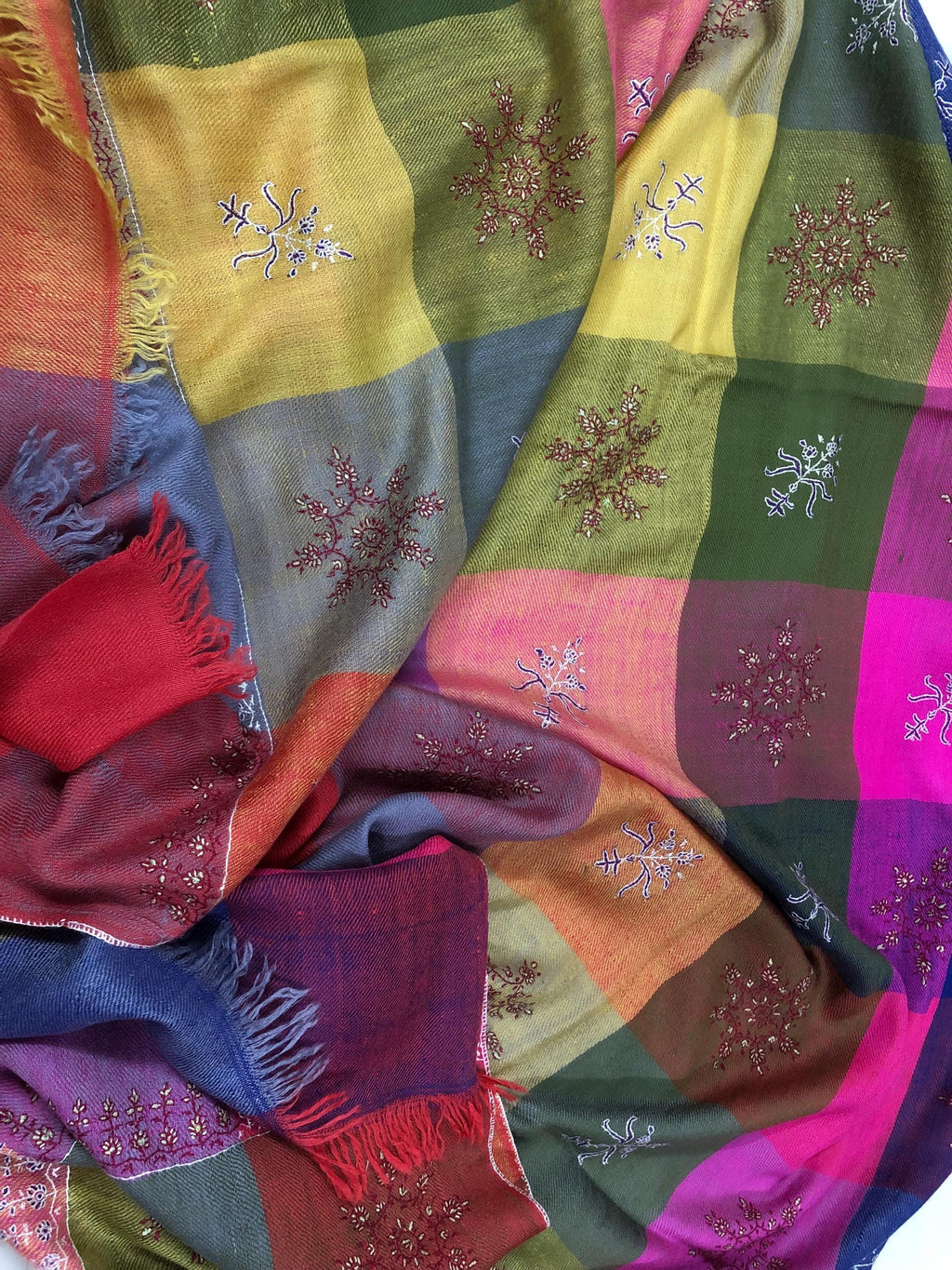 Multicoloured handwoven check modern design micro fine hand embroidered booties   Handcrafted real cashmere pashmina stole shawl - Mehraj Crafts 