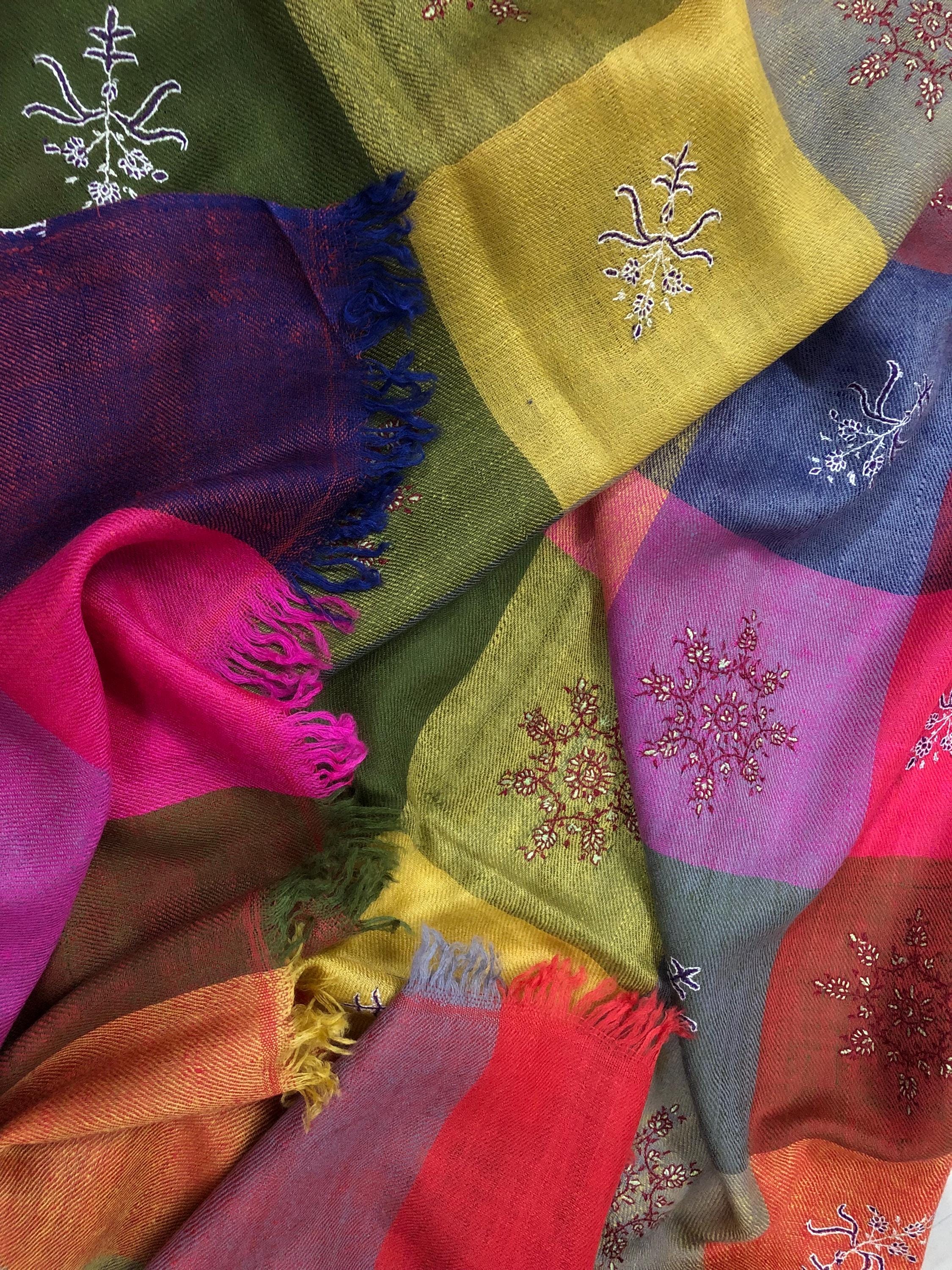 Multicoloured handwoven check modern design micro fine hand embroidered booties   Handcrafted real cashmere pashmina stole shawl - Mehraj Crafts 