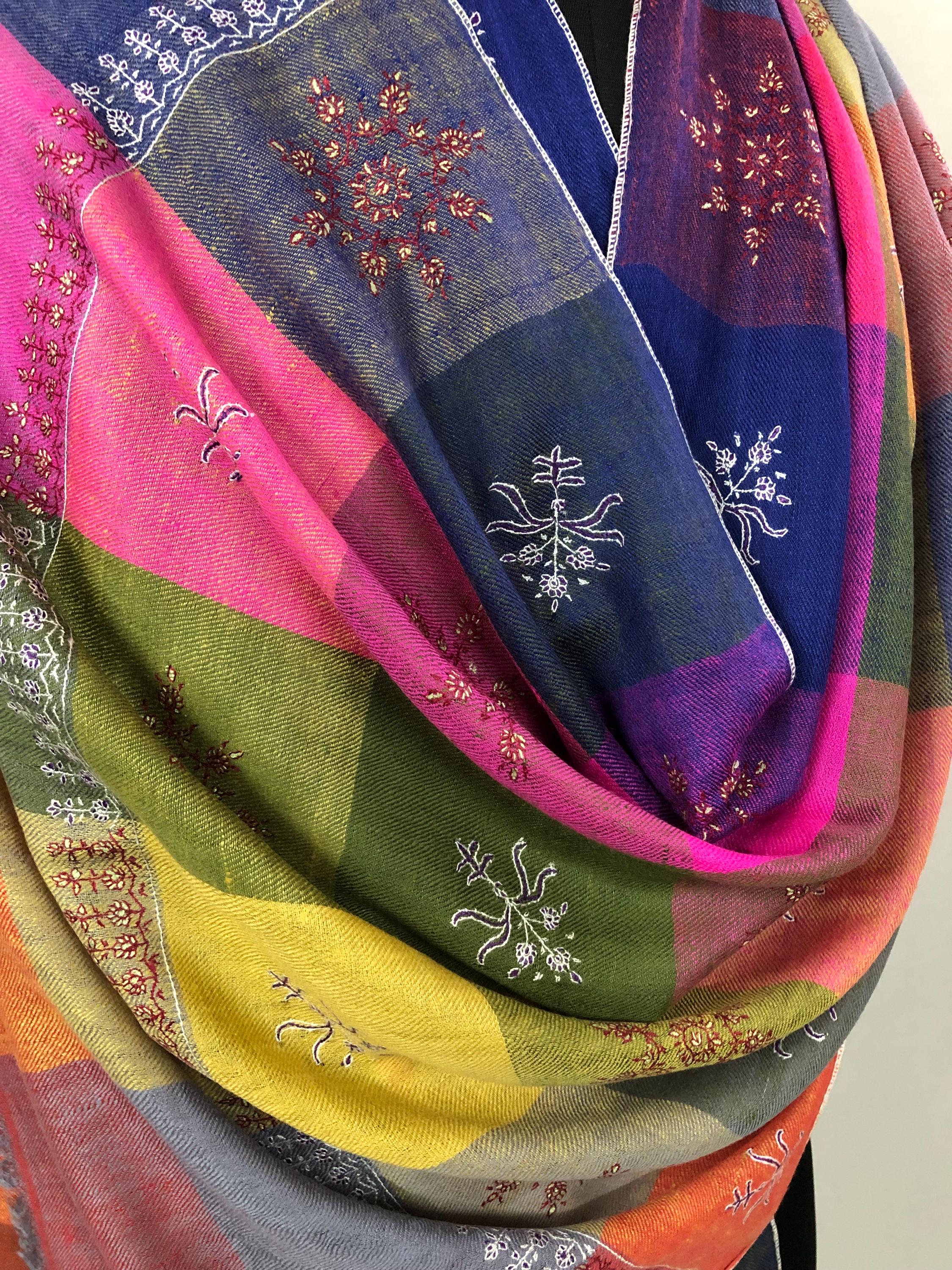 Multicoloured handwoven check modern design micro fine hand embroidered booties   Handcrafted real cashmere pashmina stole shawl - Mehraj Crafts 