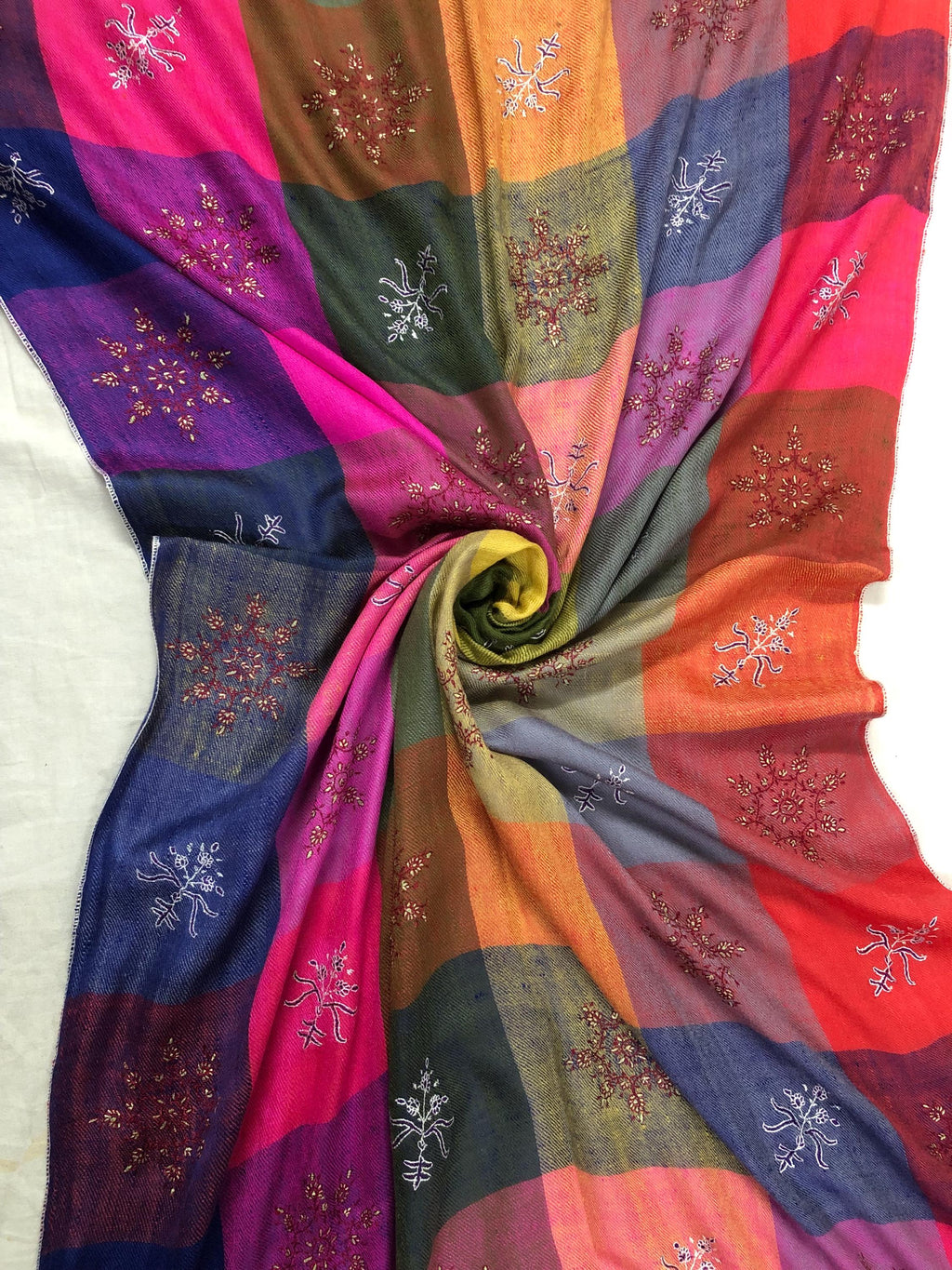 Multicoloured handwoven check modern design micro fine hand embroidered booties   Handcrafted real cashmere pashmina stole shawl - Mehraj Crafts 