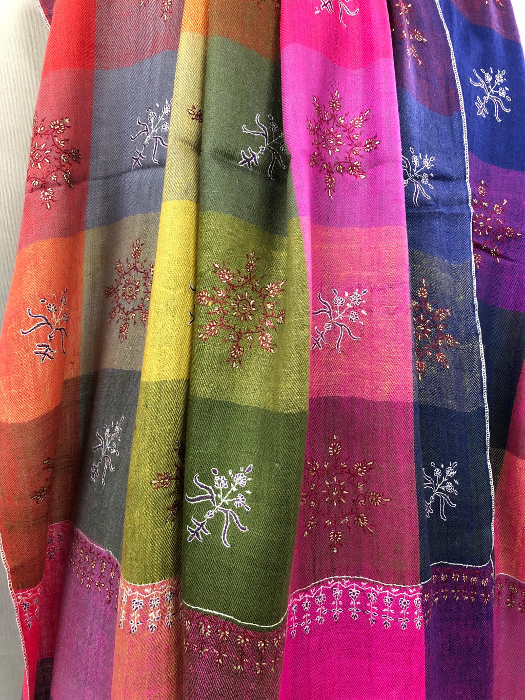 Multicoloured handwoven check modern design micro fine hand embroidered booties   Handcrafted real cashmere pashmina stole shawl - Mehraj Crafts 