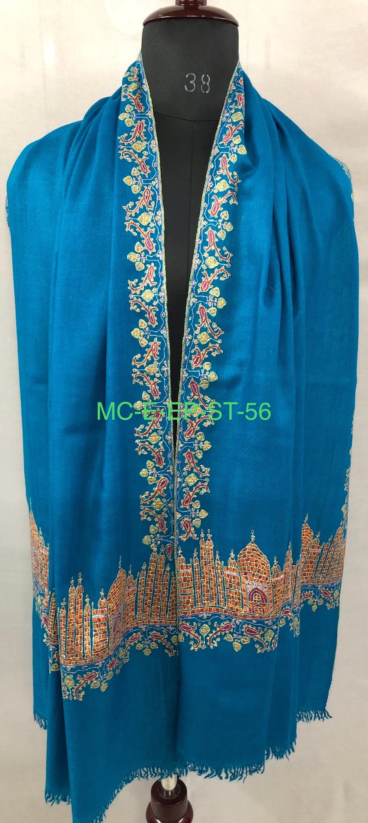 Taj Mahal vintage artisanal Sozni micro fine embroidered handcrafted real cashmere pashmina stole shawl - Mehraj Crafts 