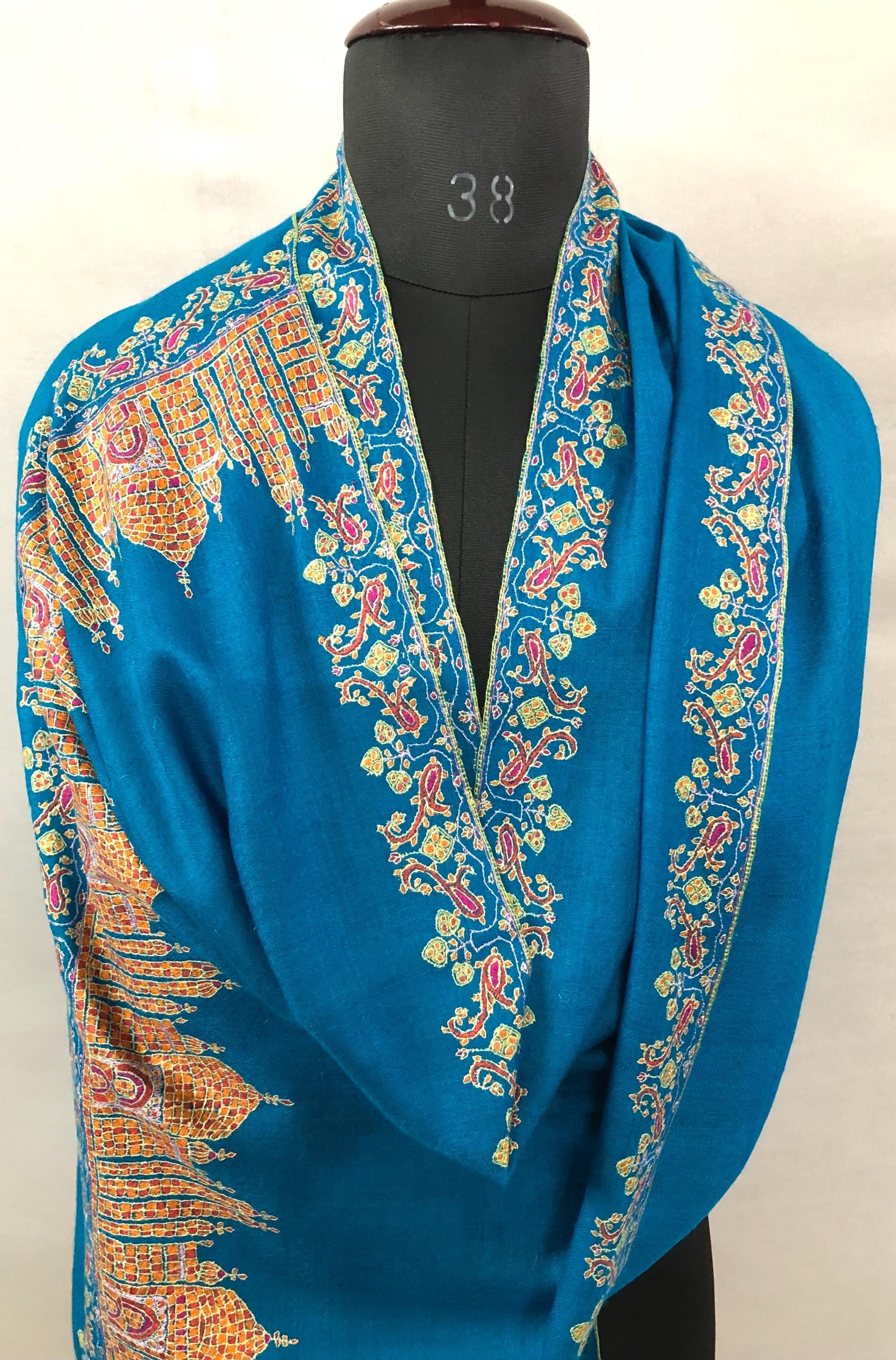 Taj Mahal vintage artisanal Sozni micro fine embroidered handcrafted real cashmere pashmina stole shawl - Mehraj Crafts 