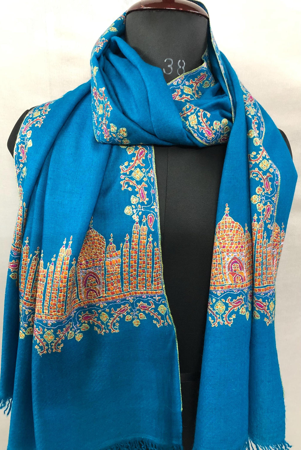Taj Mahal vintage artisanal Sozni micro fine embroidered handcrafted real cashmere pashmina stole shawl - Mehraj Crafts 