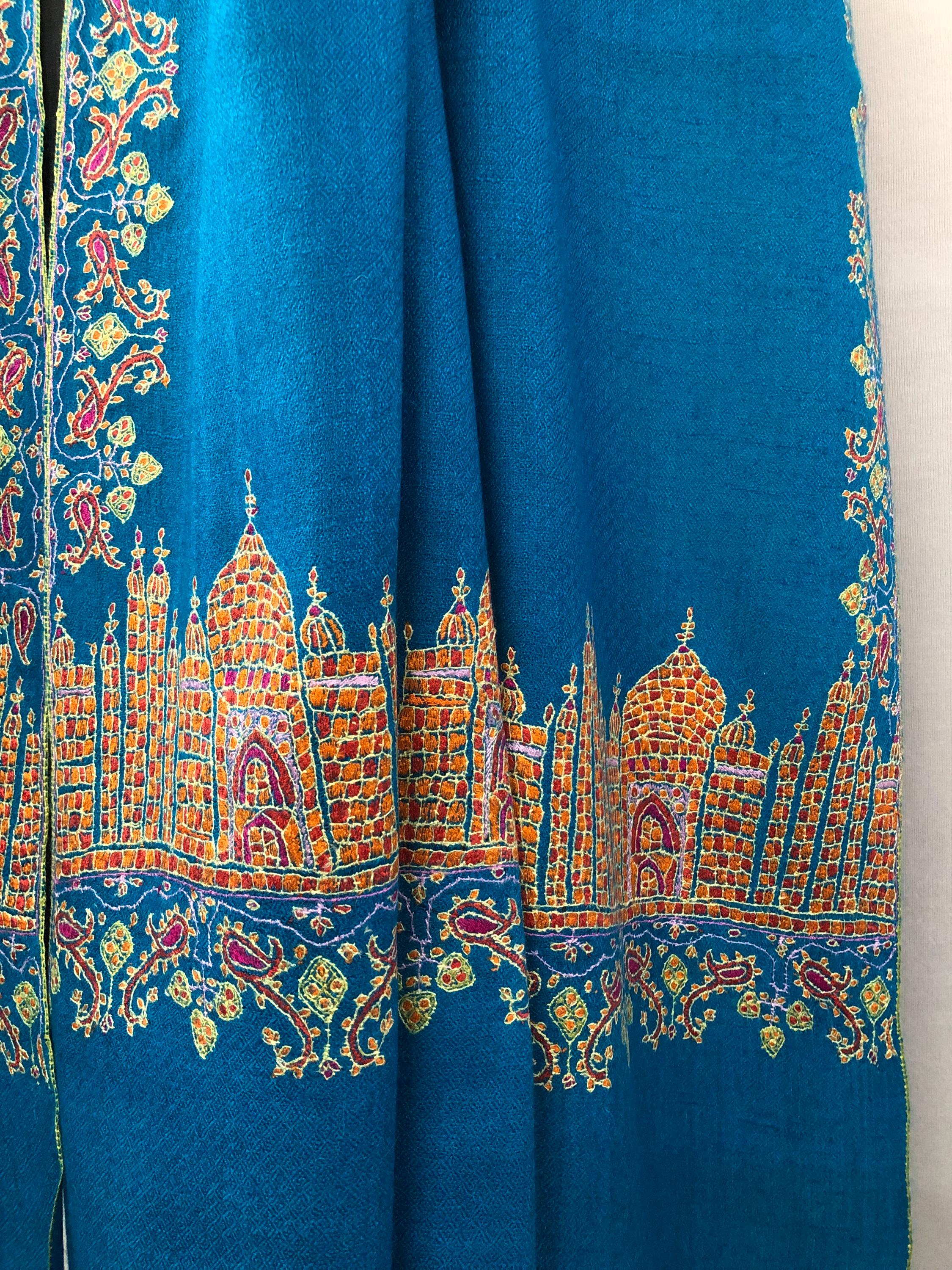 Taj Mahal vintage artisanal Sozni micro fine embroidered handcrafted real cashmere pashmina stole shawl - Mehraj Crafts 