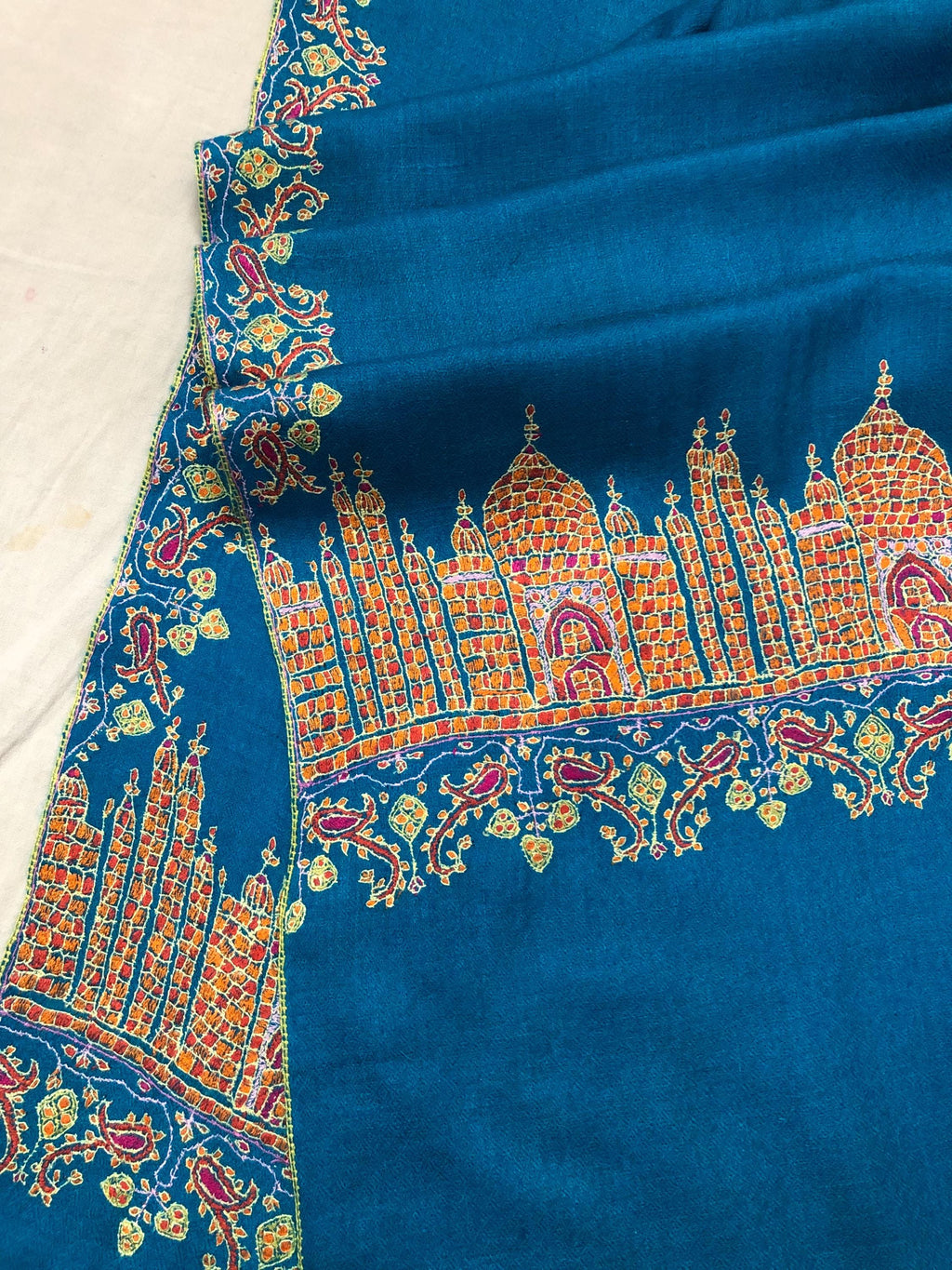 Taj Mahal vintage artisanal Sozni micro fine embroidered handcrafted real cashmere pashmina stole shawl - Mehraj Crafts 
