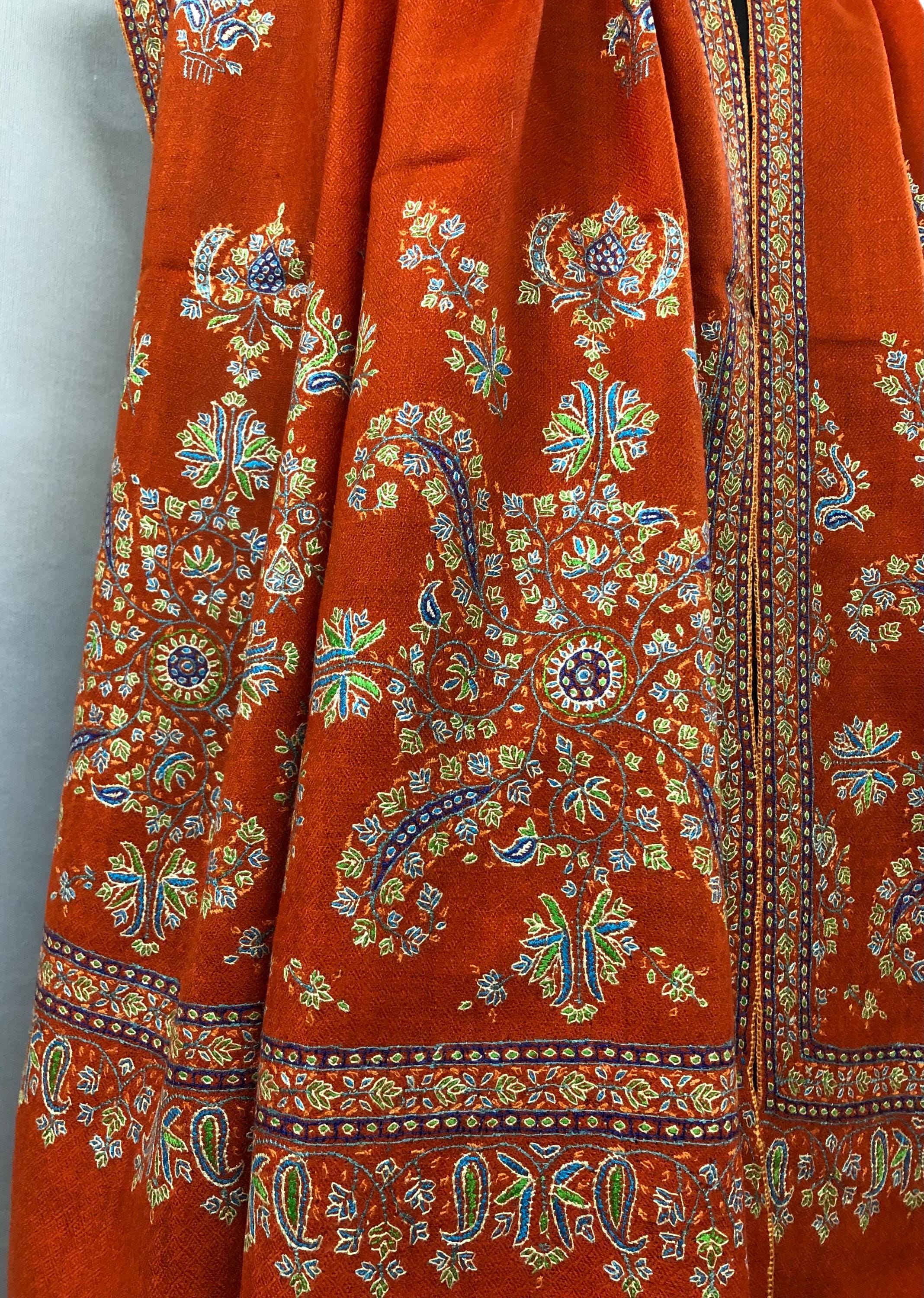 Orangeade super micro fine hand embroidered palla handwoven real cashmere pashmina wrap stole shawl - Mehraj Crafts 