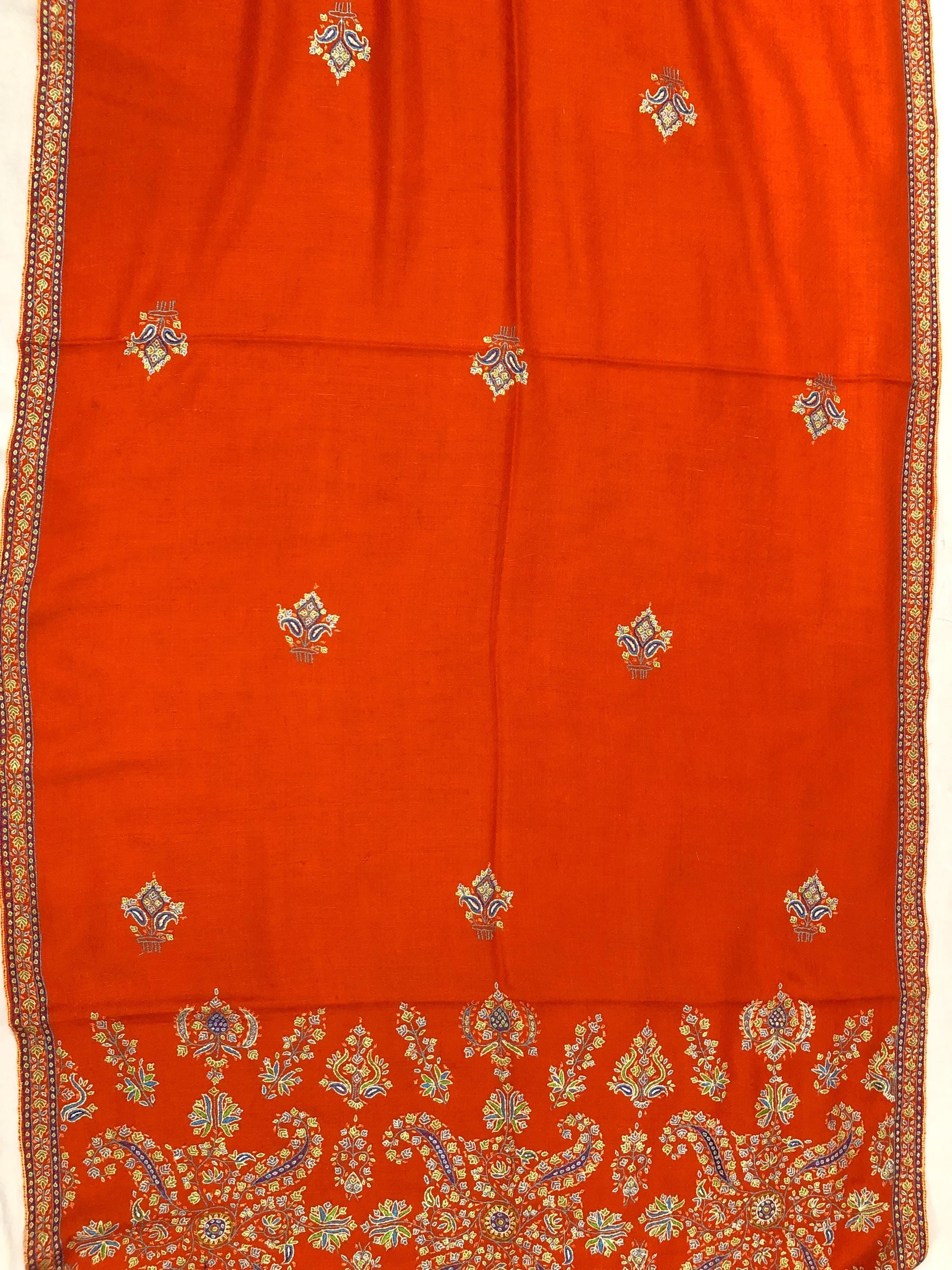 Orangeade super micro fine hand embroidered palla handwoven real cashmere pashmina wrap stole shawl - Mehraj Crafts 